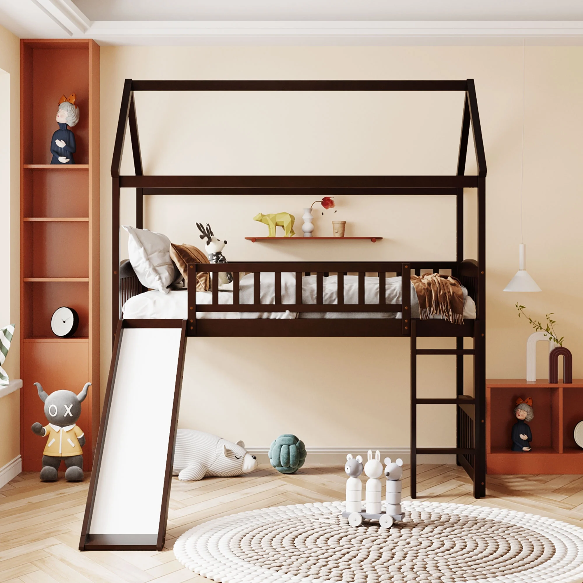 CoSoTower Twin Loft Bed with Slide, House Bed with Slide, Espresso