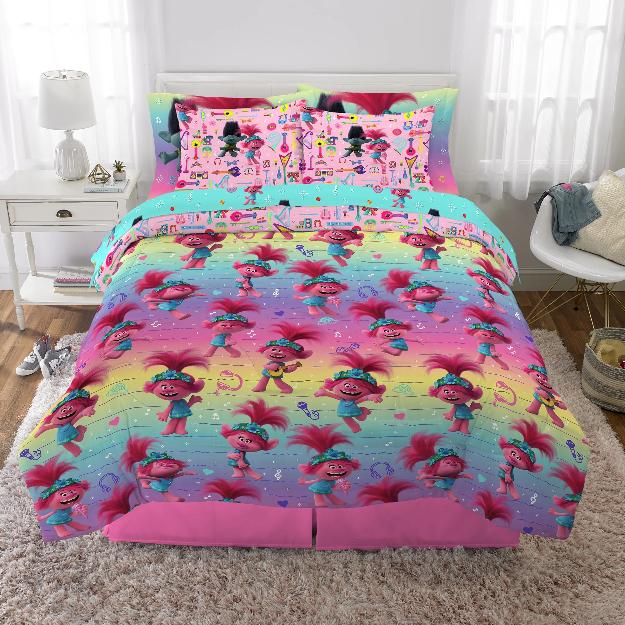 Trolls Kids Full Bed in a Bag, Comforter Sheets and Sham, Rainbow, DreamWorks