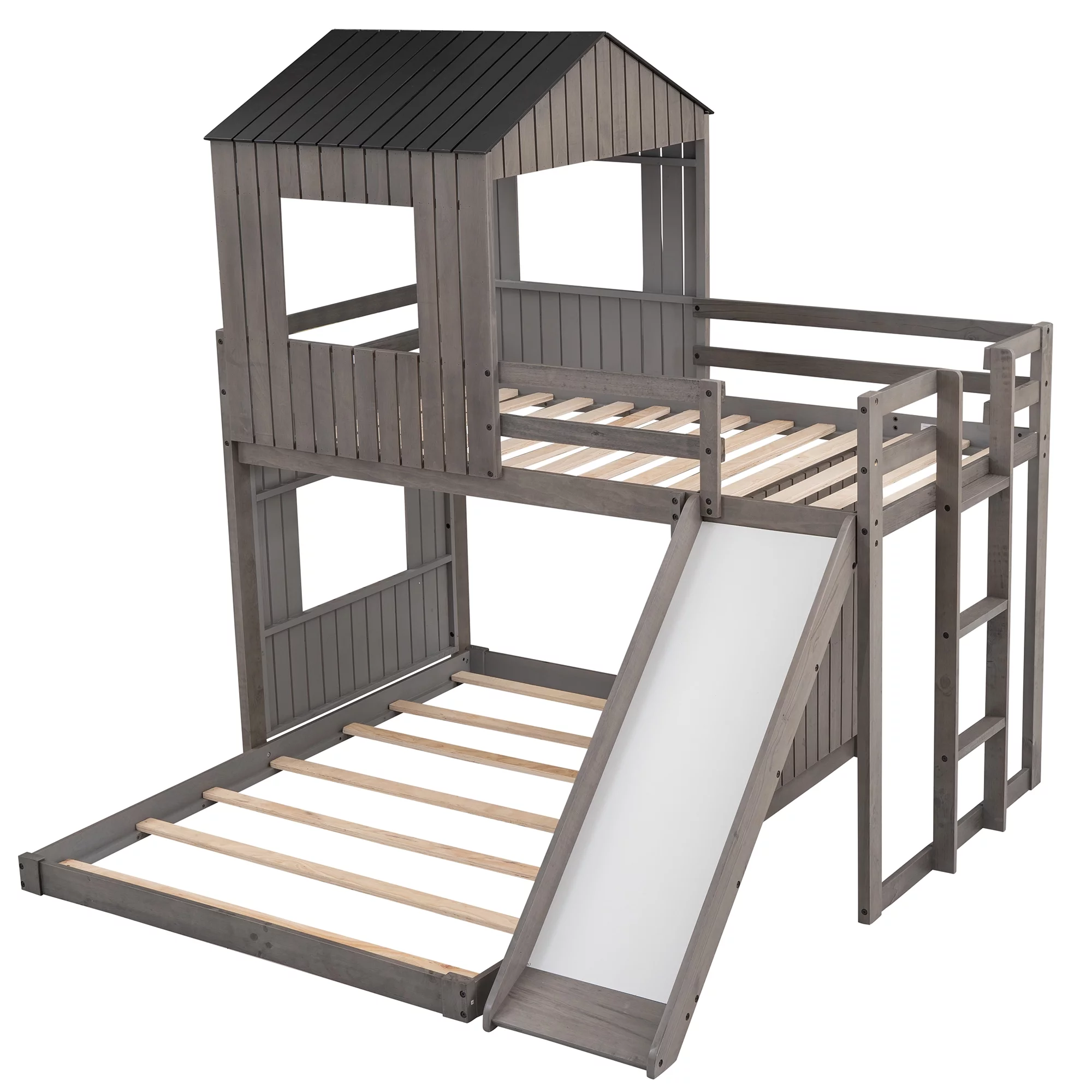 Bellemave Twin Over Full House Bunk Bed with Slide, Wood L-Shaped Fort Loft Bunk Beds Frame with Ladder, Floor Playhouse Bed for Kids, No Need Spring Box (Antique Gray)