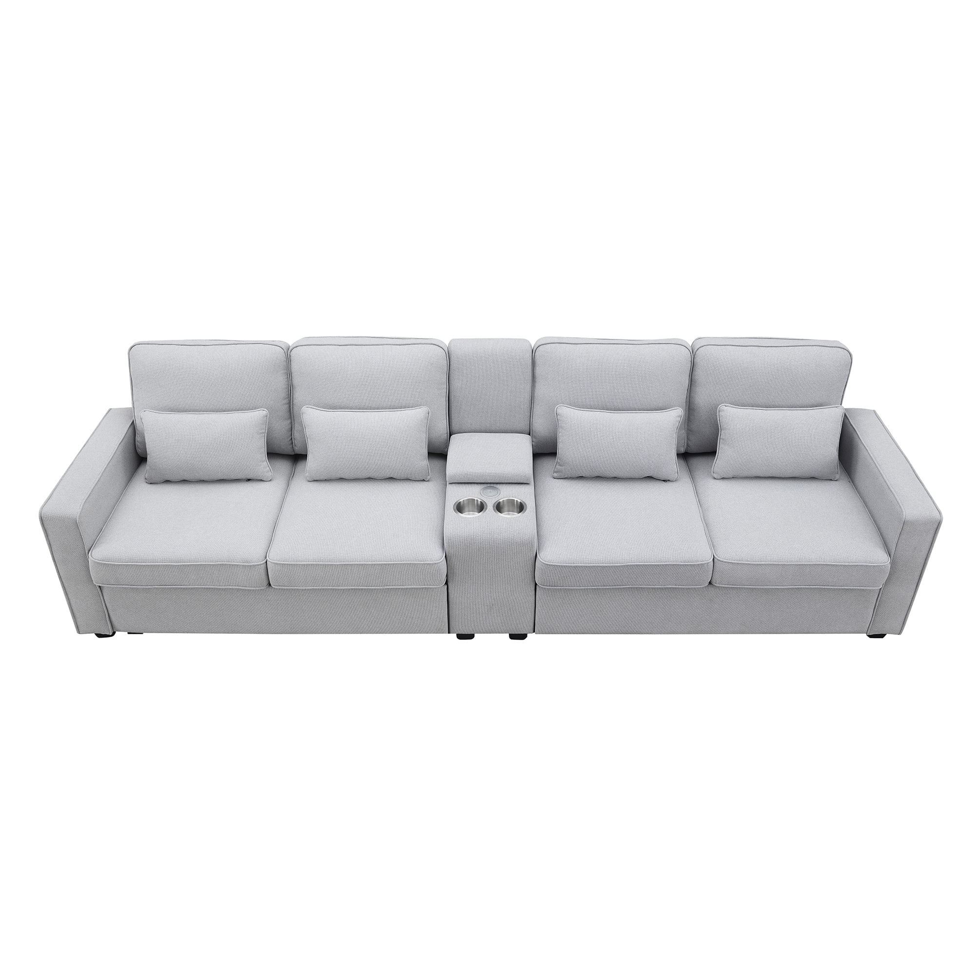 Modern 4 Seater Large Sofa with Console, Linen Fabric Upholstered Couch with USB Charging Ports Cup Holders for Living Room Office