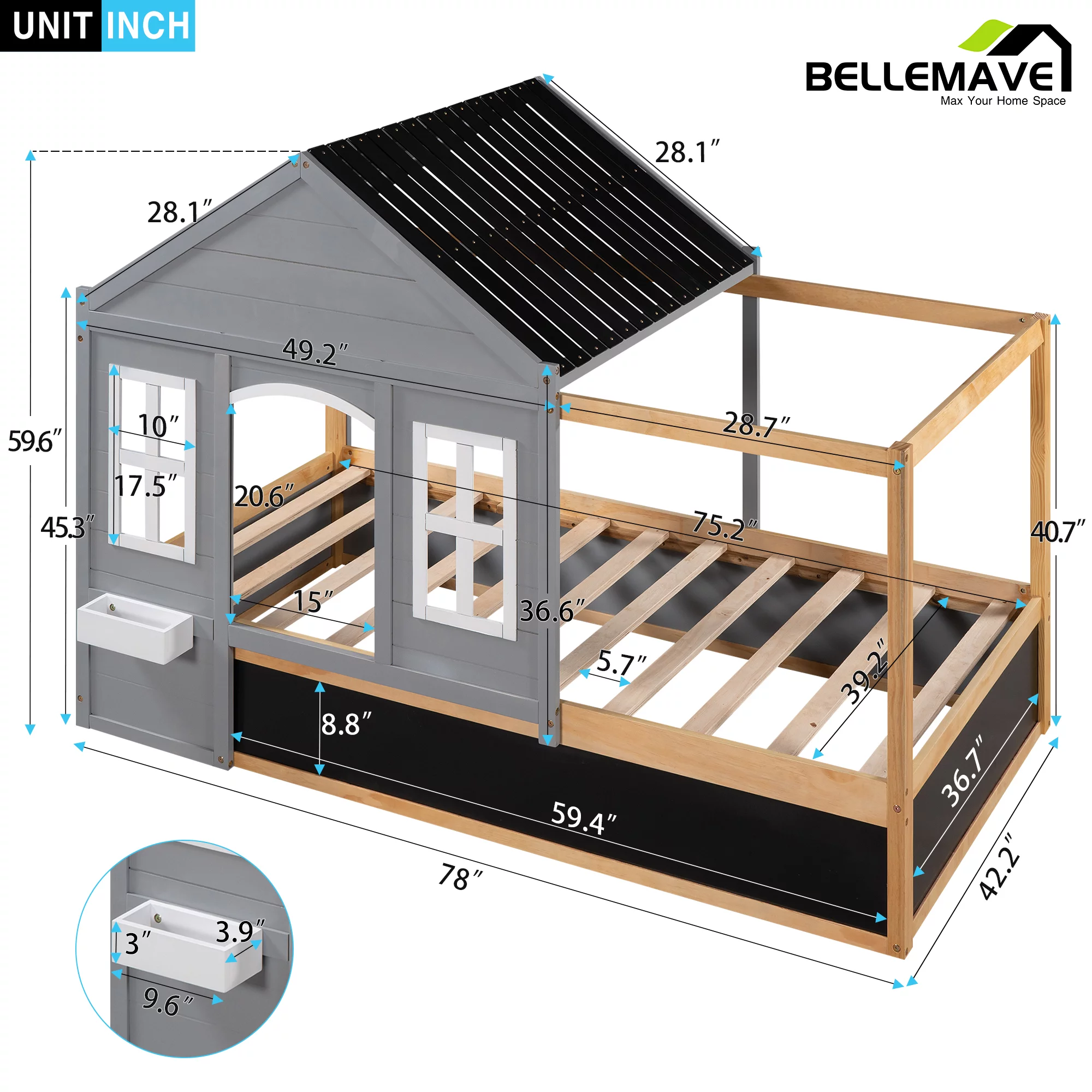 Bellameve Gray Twin Size Kids Canopy Platform Bed with Roof, Window, Blackboard and Little Shelf, Wood House Shaped Kids Platform Bed Daybed for Bedroom Living Room