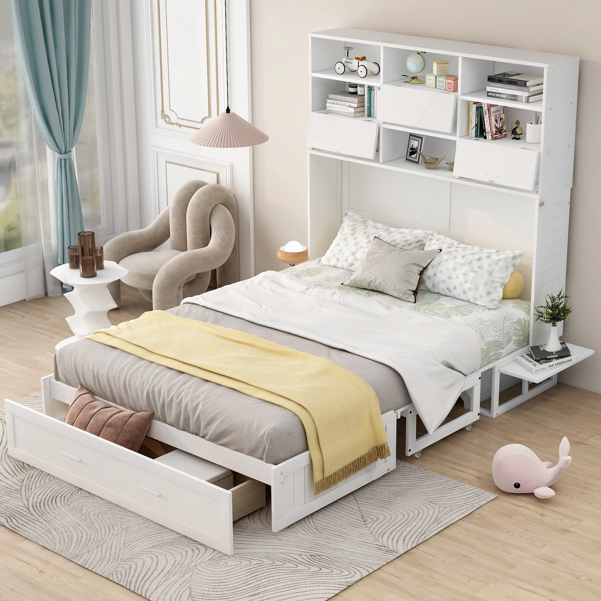 Euroco Queen Size Murphy Bed with Bookcase, Shelf and Drawer, Convertible into a Cabinet with Bookcase for Living Room, Space-Saving & Easy Open and Close, White