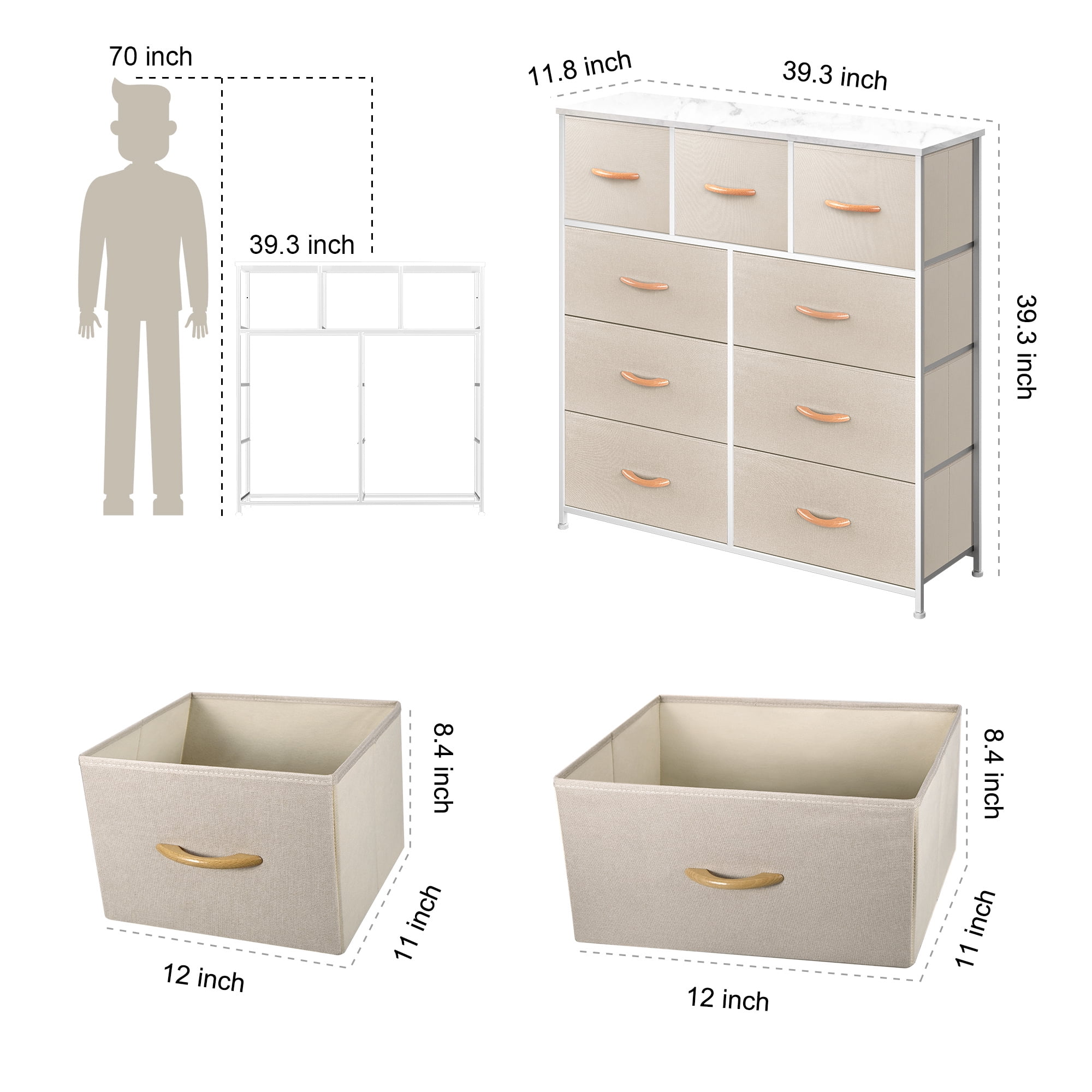 Bigroof Dresser for Bedroom with 9 Drawers, Clothes Drawer Fabric Closet Organizer, Cloth Dresser with Metal Frame and Wood Tabletop Chest Storage Tower for Closet, Nursery, Living Room, Entryway