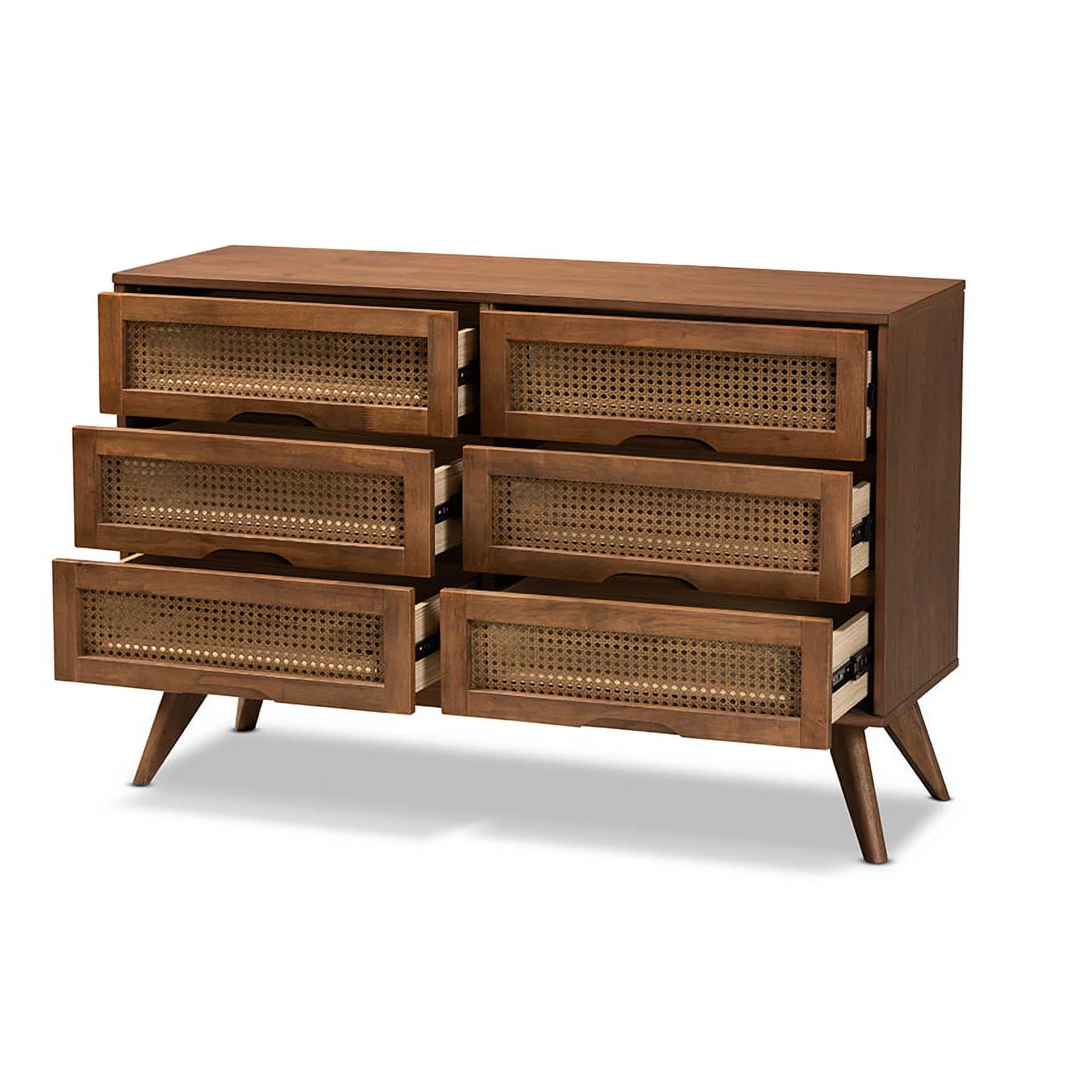 Baxton Studio Barrett Mid-Century Modern Walnut Brown Finished Wood and Synthetic Rattan 6-Drawer Dresser