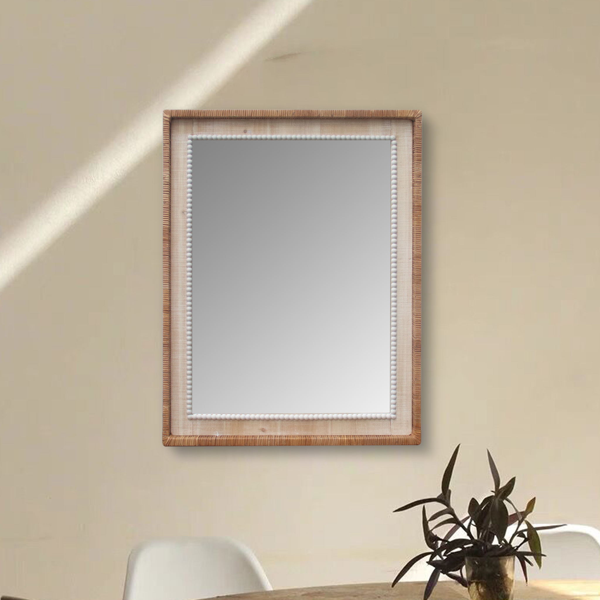 Parisloft Rectangular Bead Accent Rattan and Wood Wall Mirror, Farmhouse Wall Mirror, Brown and White, 25.8 x 33.75 inches
