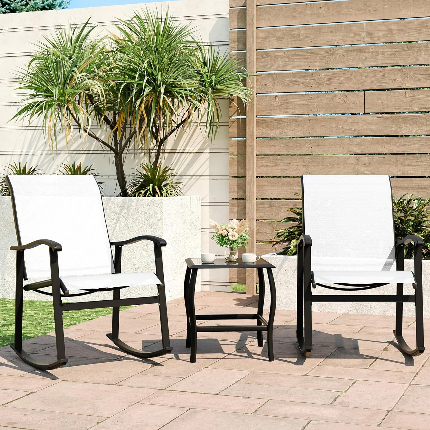 Vongrasig 3 Piece Outdoor Rocking Bistro Set, Textilene Fabric Small Patio Furniture Set, Front Porch Rocker Chairs Conversation Set with Glass Table for Lawn, Garden, Balcony, Poolside (White)