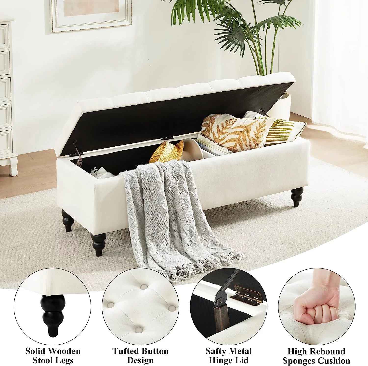 Storage Ottoman Bench, 50.2 Inches Upholstered Fabric Storage Ottoman Bench, Button Tufted Ottoman with Large Storage, End of Bed Bench, for Living Room, Entryway, Bedroom (Ivory)