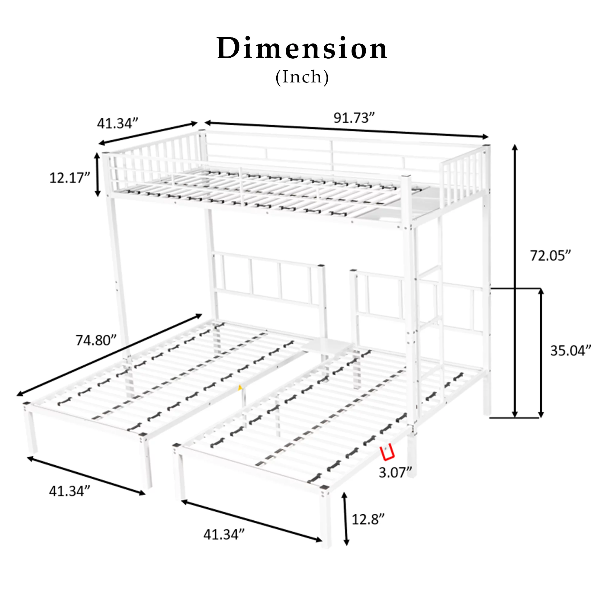 Triple Metal Bunk Bed Twin over Twin with Ladder for Kids, Boys & Girls, Convertible Bunk Set, White