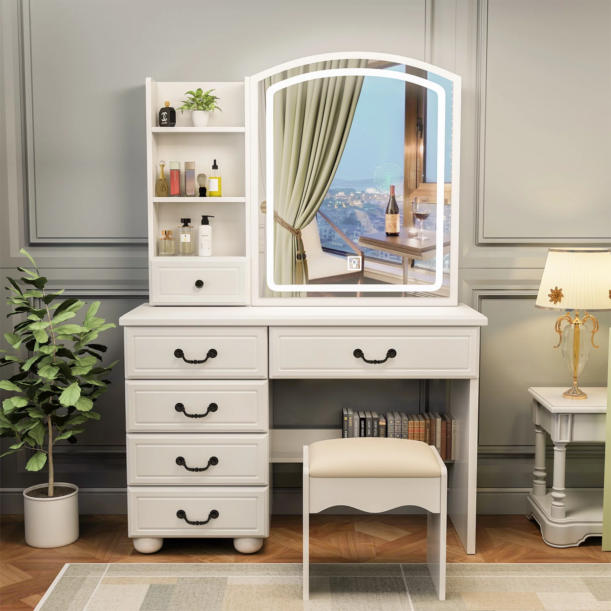 Leavader Vanity Desk with Mirror and Led Lights, Makeup Vanity Table Set with 3 Color Lighting Brightness Adjustable, 6 Drawers, White Color Dress Vanity Table