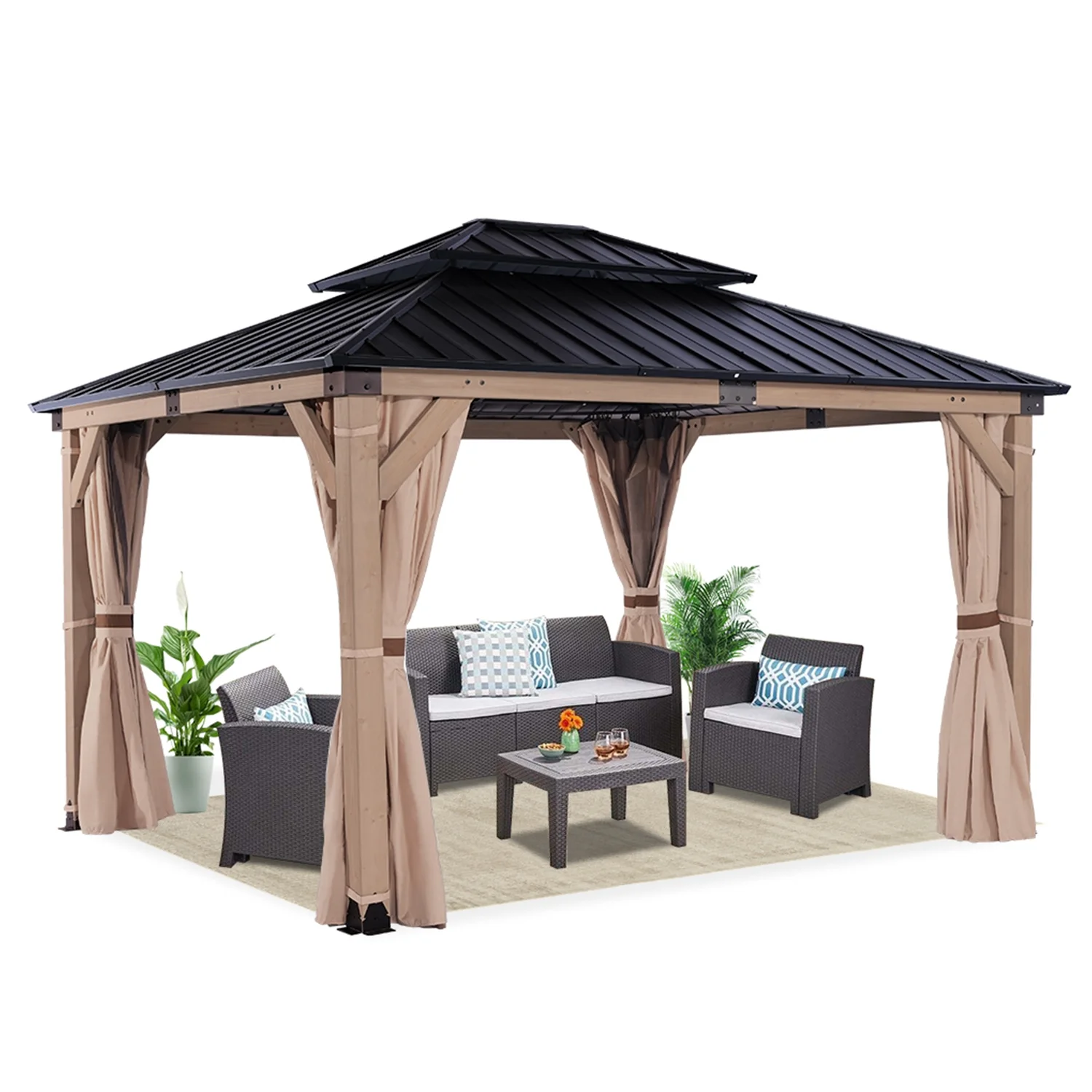 HEAVDUTY Hardtop Wood Gazebo 10x12 ft – Cedar Wood Frame Gazebo with Double Metal Roof – Patio Gazebo Kits with Mosquito Netting & Curtains – Outdoor Wooden Gazebos Pavilion for Backyard and Deck