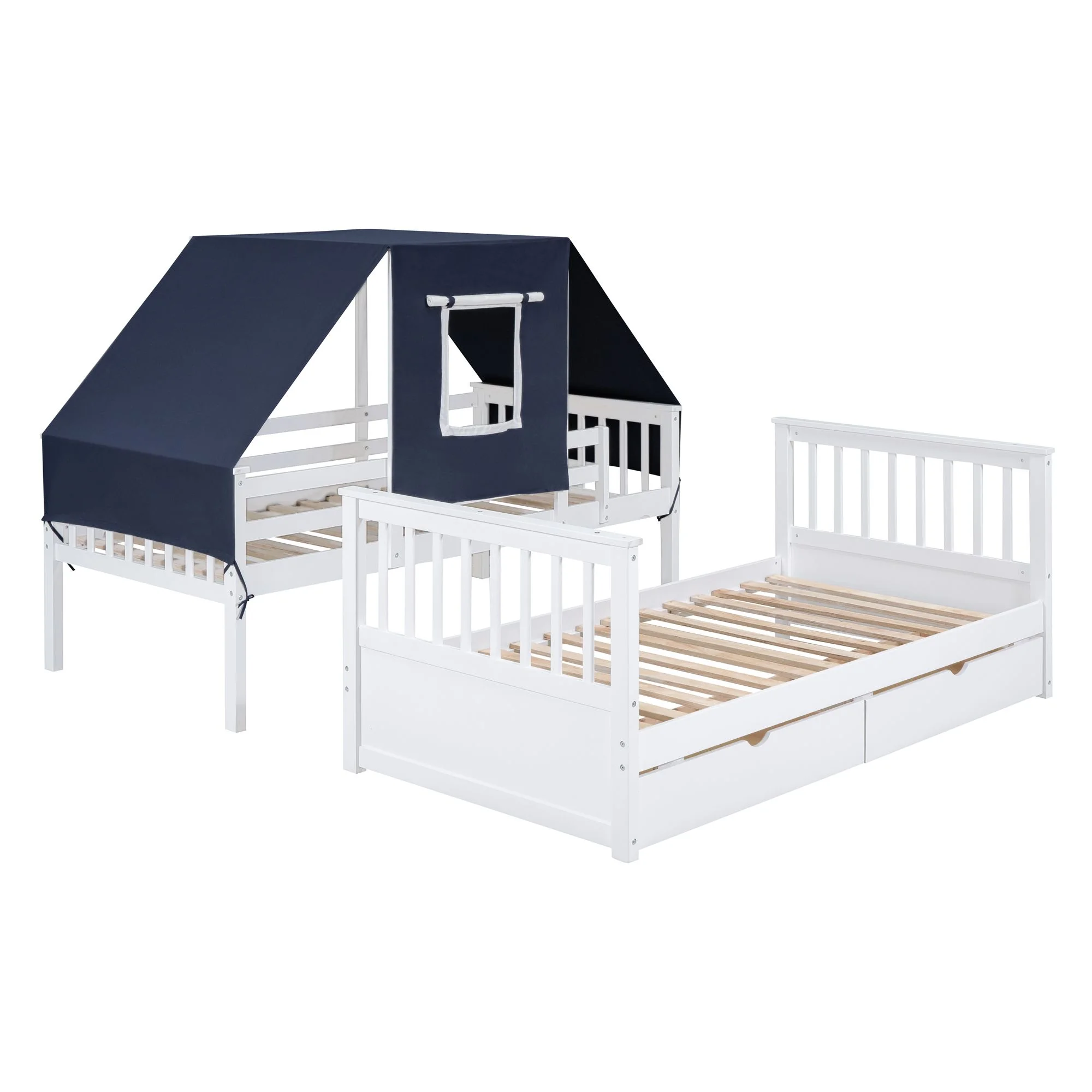 Twin Over Twin Bunk Bed with Tent and Drawers for Boys/Girls/Teens Bedroom, Wood Bed Frame with Safety Guardrail, No Box Spring Needed with Roof, Window