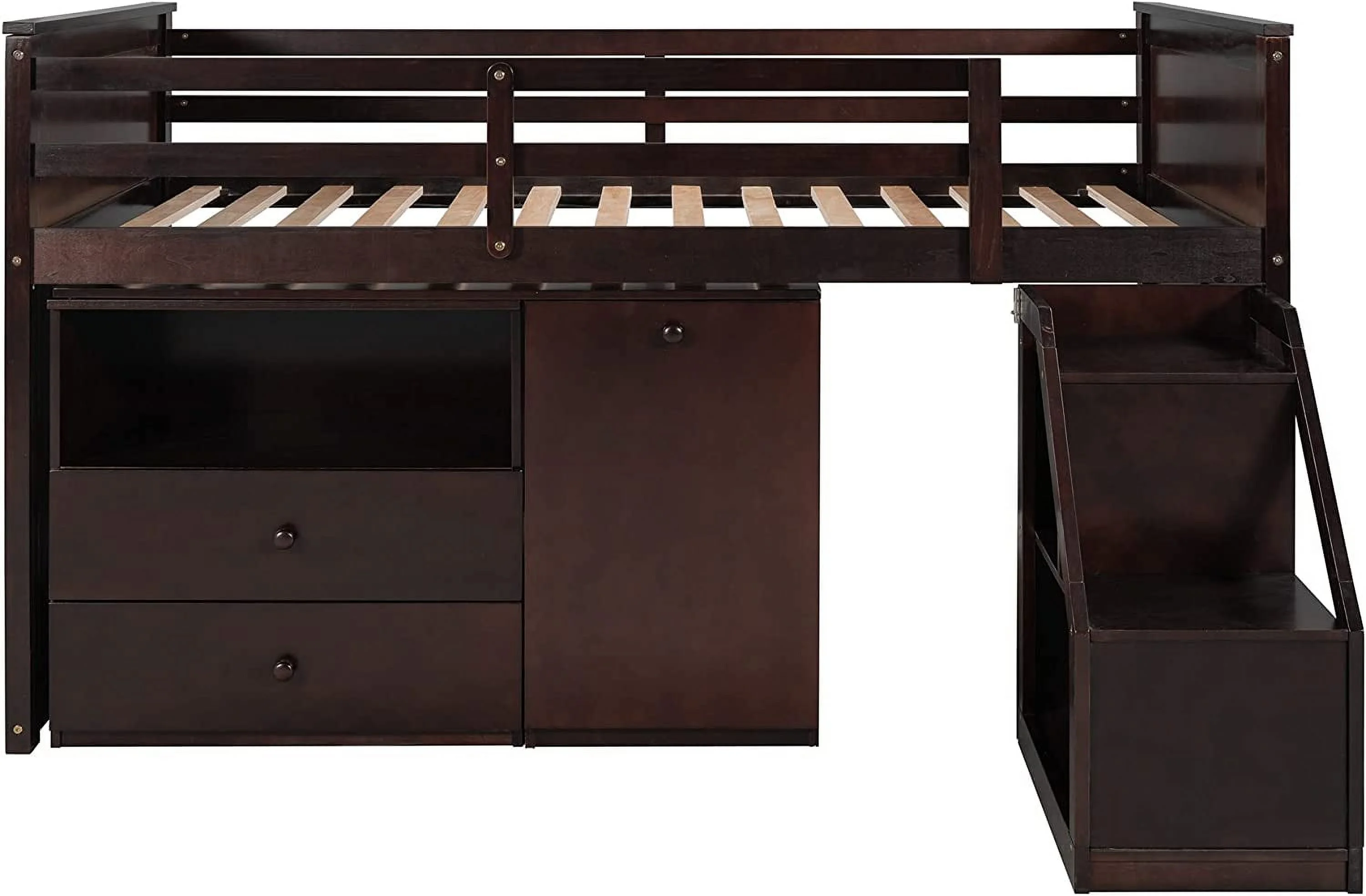 Low Loft Bed With Portable Desk And Stairs, Wood Size Loft Bed Frame With Storage Cabinets, Low Study Kids Loft Bed Frame For Bedroom Furniture (, Espresso)