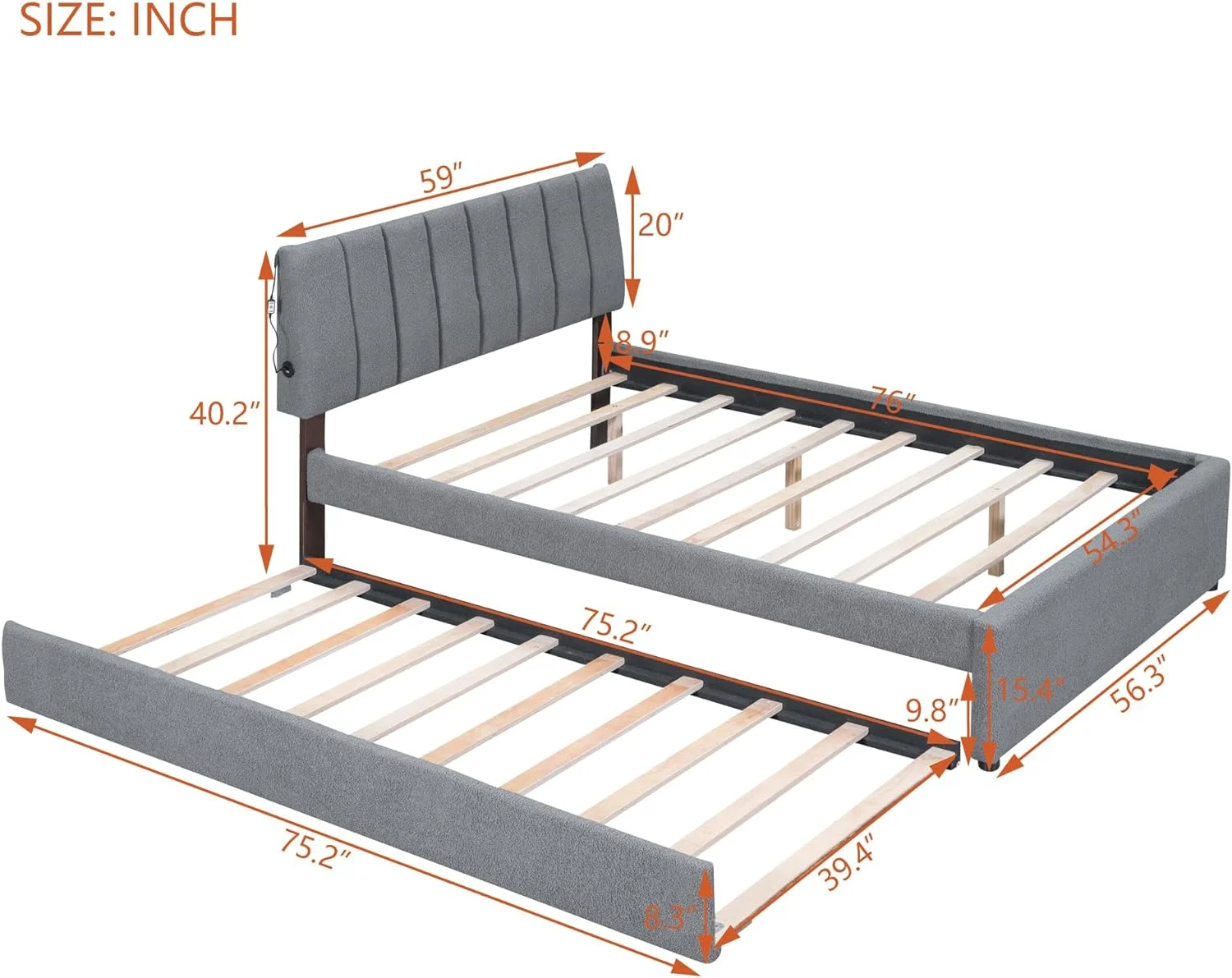 Teddy Fleece Full Size Upholstered Platform Bed with Trundle, Wood Bed Frame with Upholstered Headboard, LED Bed Frame for Bedroom, No Box Spring Needed, Easy Assembly