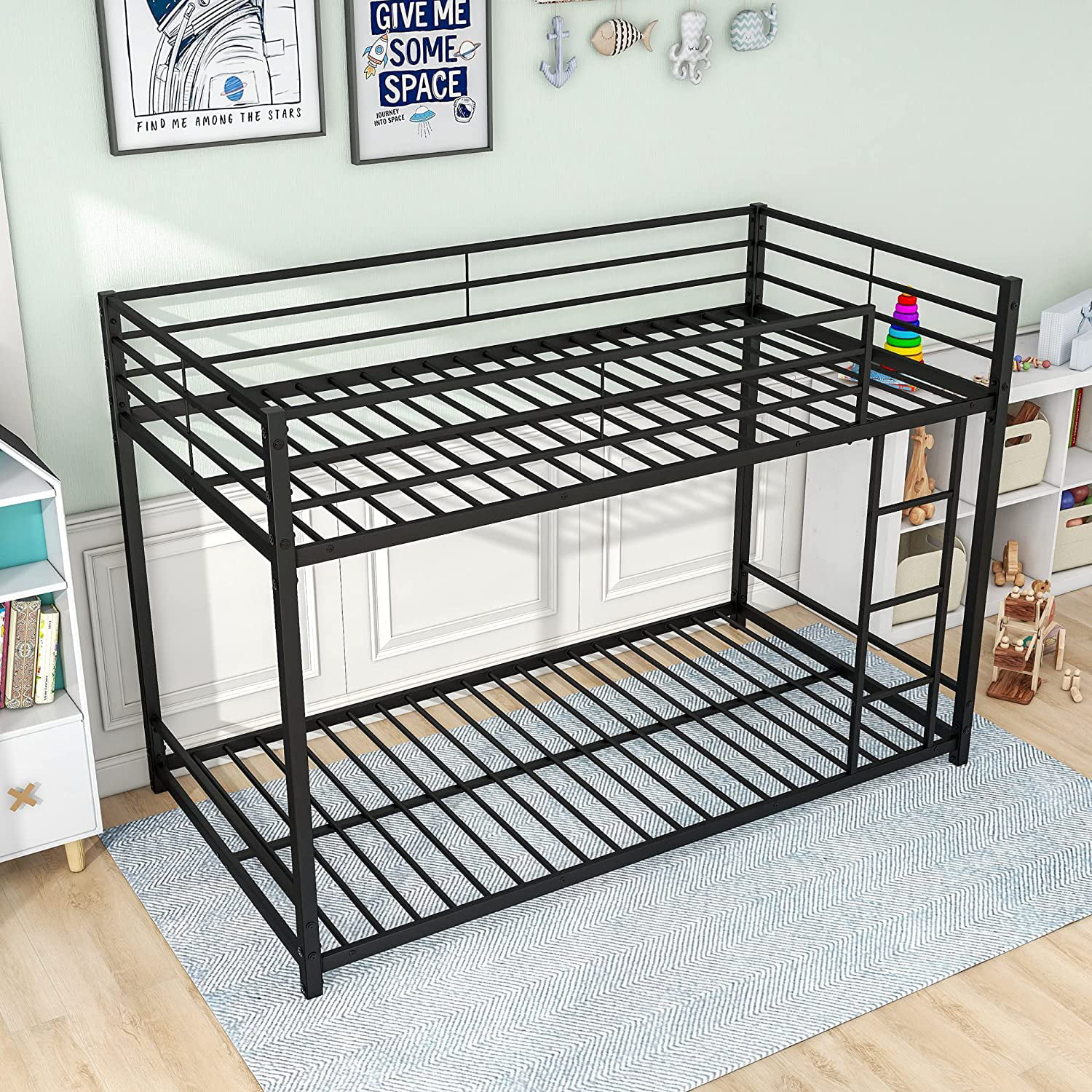 Metal Bunk Bed Twin Over Twin  Bunk Bed Frame with Safety Guard Rails  Solid Bunk Bed with Trundle for Kids Adults(Black)
