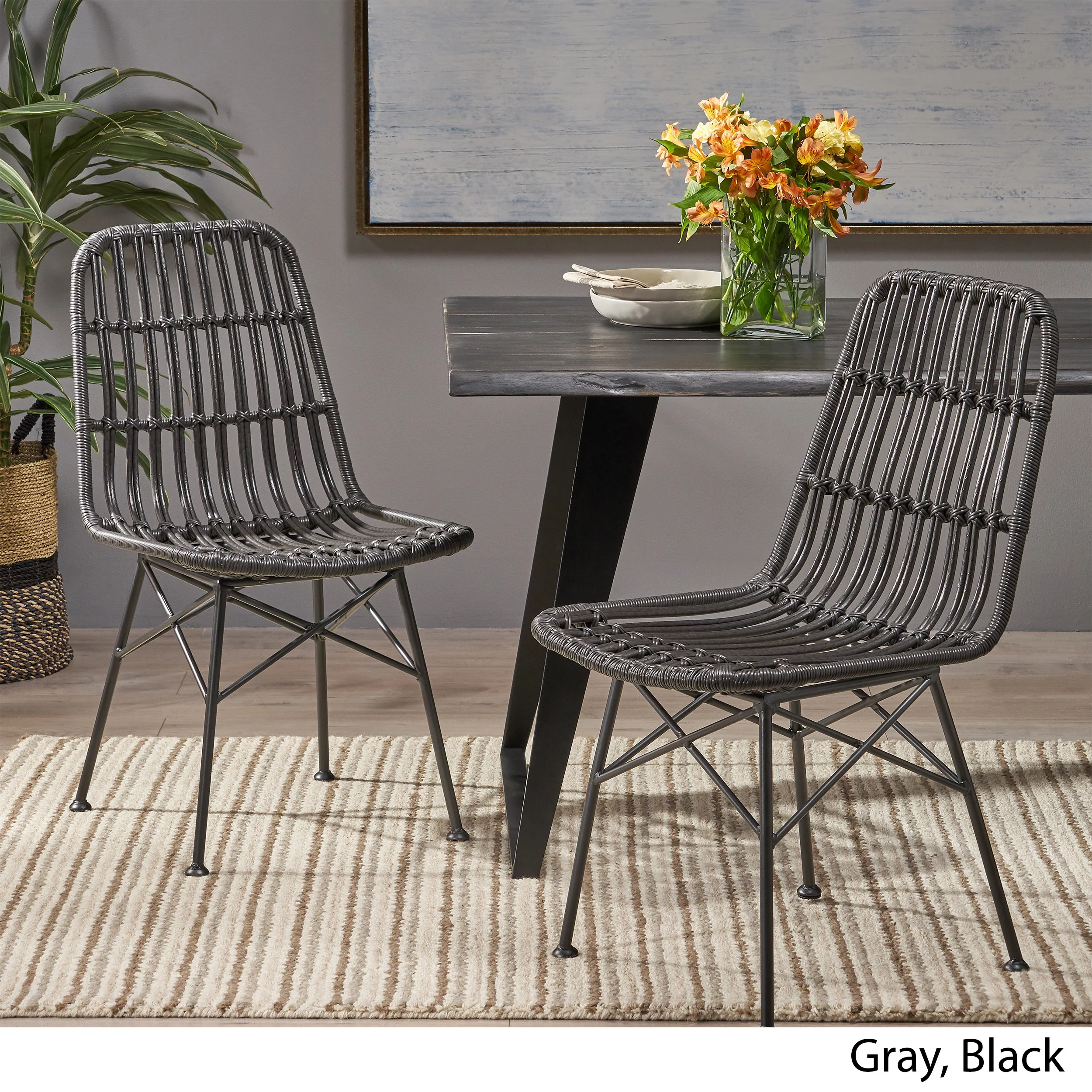 Noble House Dimitri Indoor Wicker Dining Chairs, Set of 2) , Gray and Black