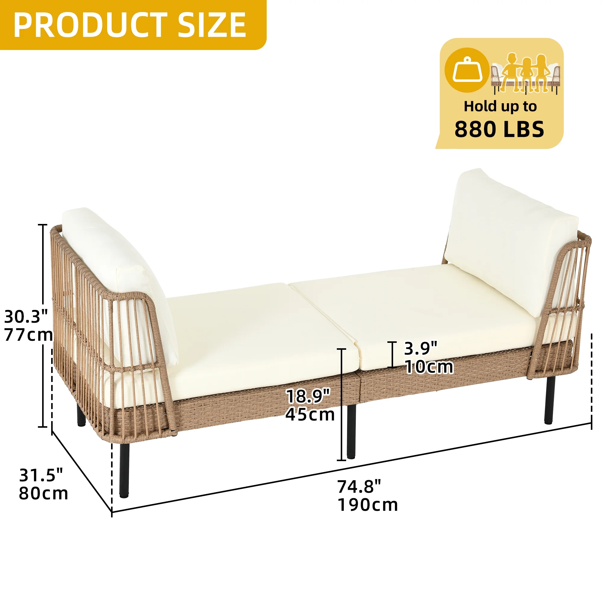 DWVO 74in Outdoor Daybed Wicker Patio Sofa Bed With Thickness Cushion Indoor Bed Lounger for Balcony Garden Deck Lawn - Beige