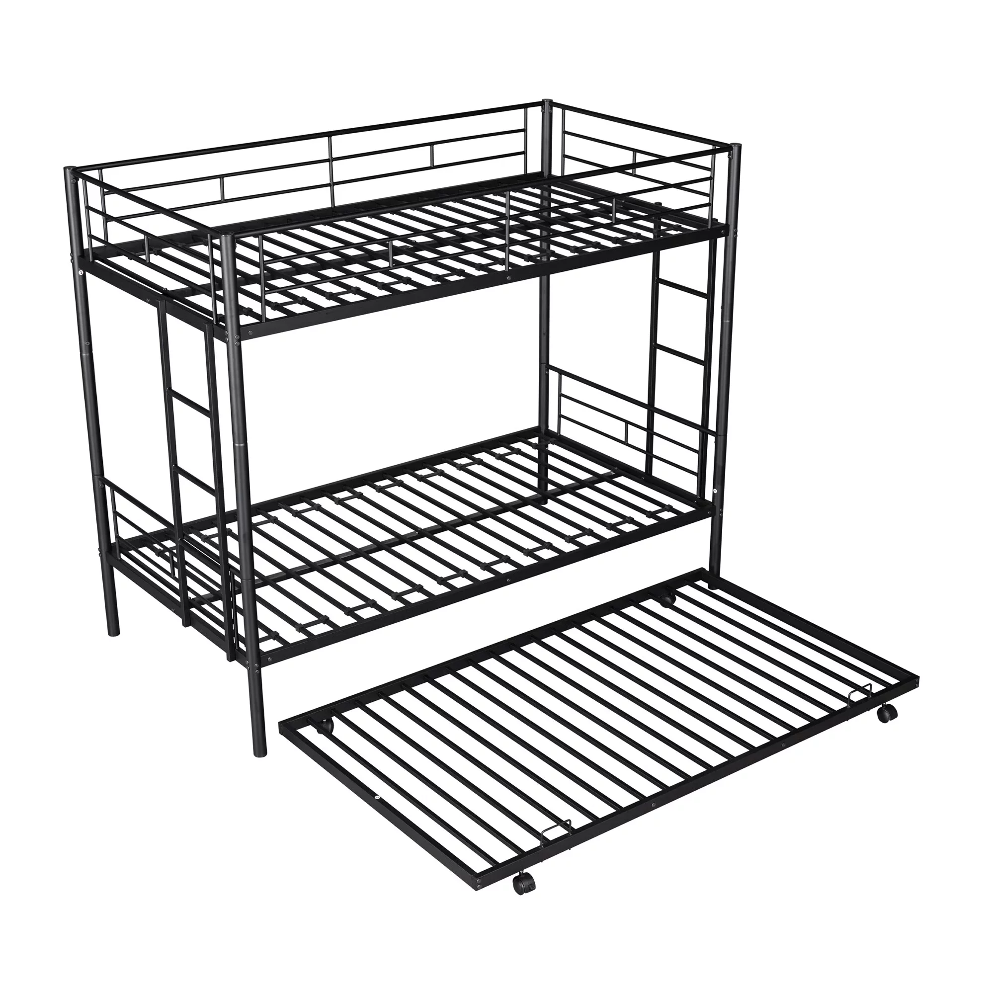 GNIXUU Metal Twin over Twin Bunk Beds with Trundle Bed for Kids Bedroom, Metal Twin Bunk Bed Frame with Safety Guardrail & 2 Ladders, Black