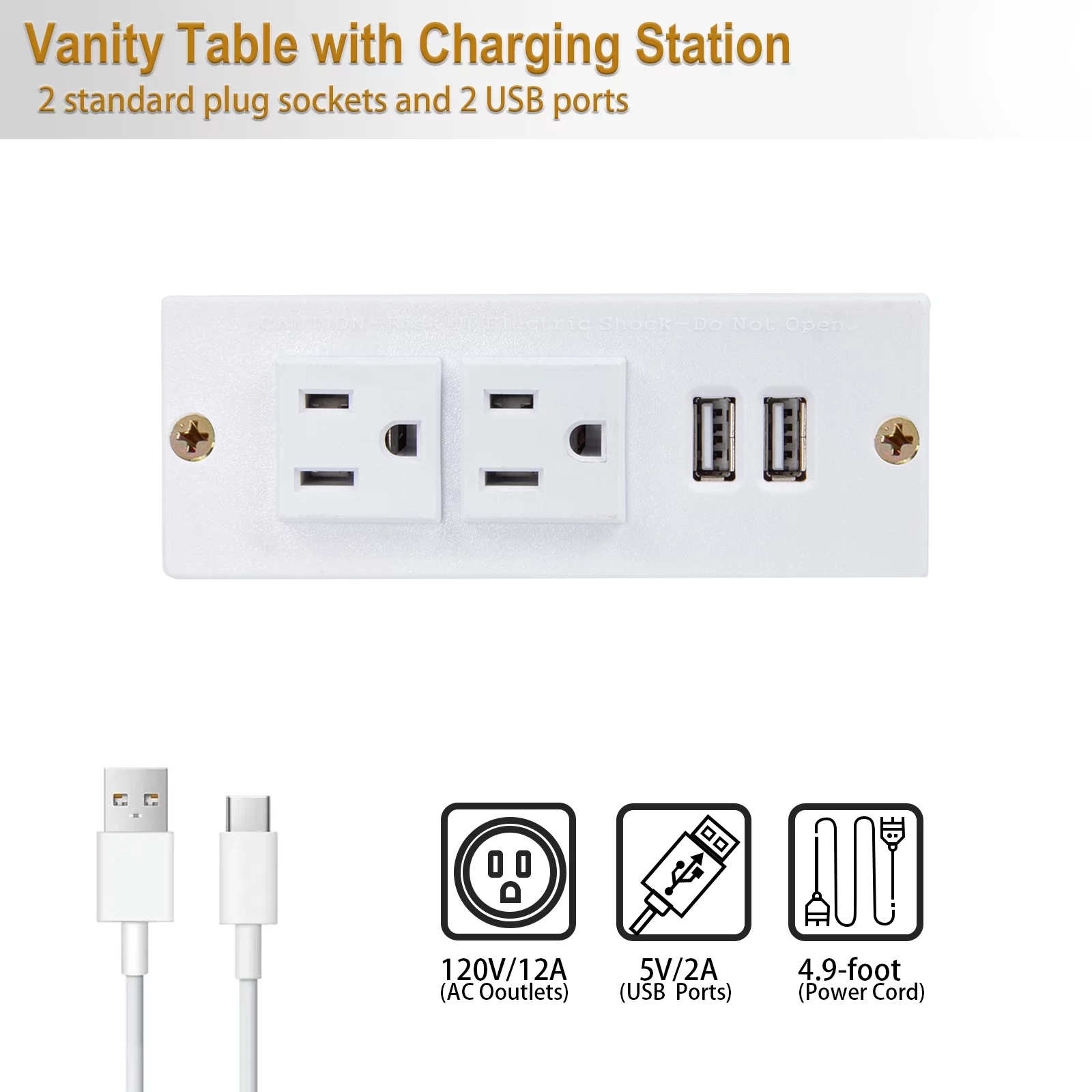Yamissi Modern Makeup Vanity with LED Lighted Mirror and Stool, Vanity Table with USB Ports for Bedroom, Vanity Desk with Storage Shelves & Drawers, White