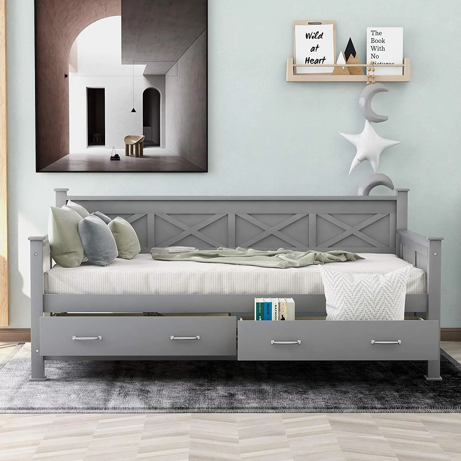 Size Daybed With Two Storage Drawers, Wood Multifuctioal Sofa Bed X-Shaped Frame, Moder Daybed With Slat Support For Bedroom Livig Room, Grey