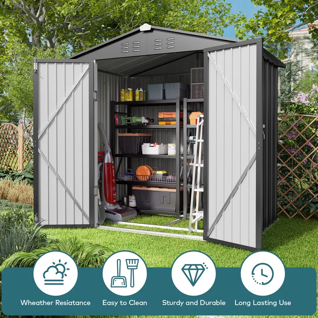 Aiho 8' x 6' Shed, Outdoor Storage Shed with Metal Base Frame & Air Vent & Lockable Doors for Garden and Backyard - Gray