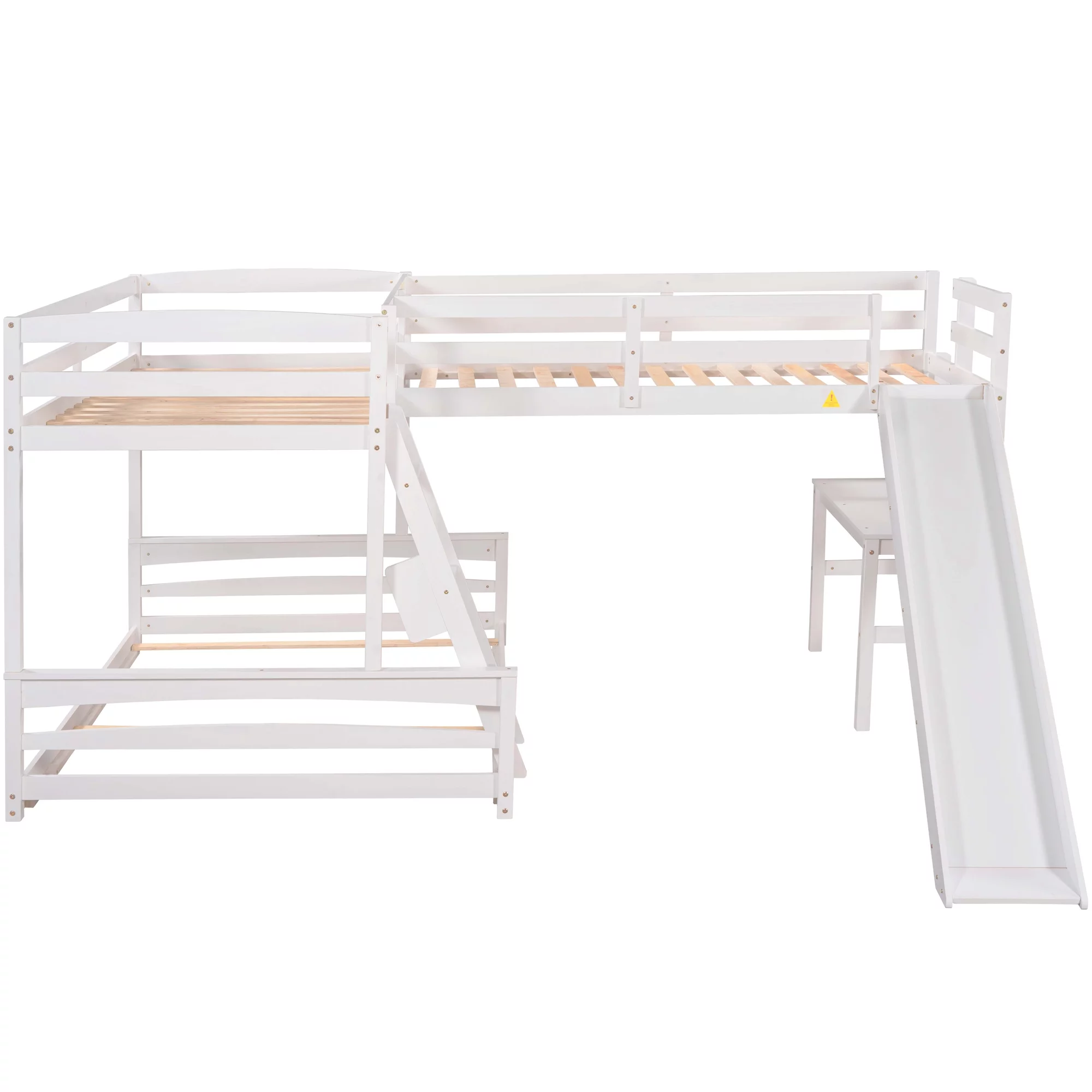 L Shaped Bunk Bed with Desk and Slide, Full-Length Guardrail, Wooden Twin over Full Bunk Corner Bed for Kids Teens Adults, 3 Beds in 1(White)