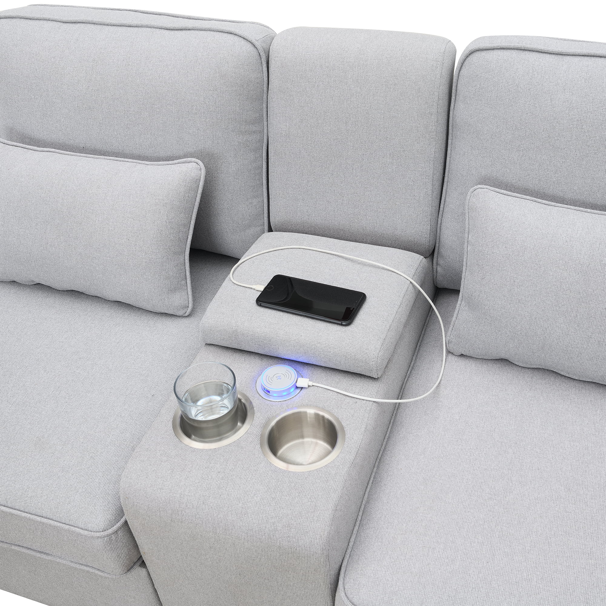 Modern 4 Seater Large Sofa with Console, Linen Fabric Upholstered Couch with USB Charging Ports Cup Holders for Living Room Office