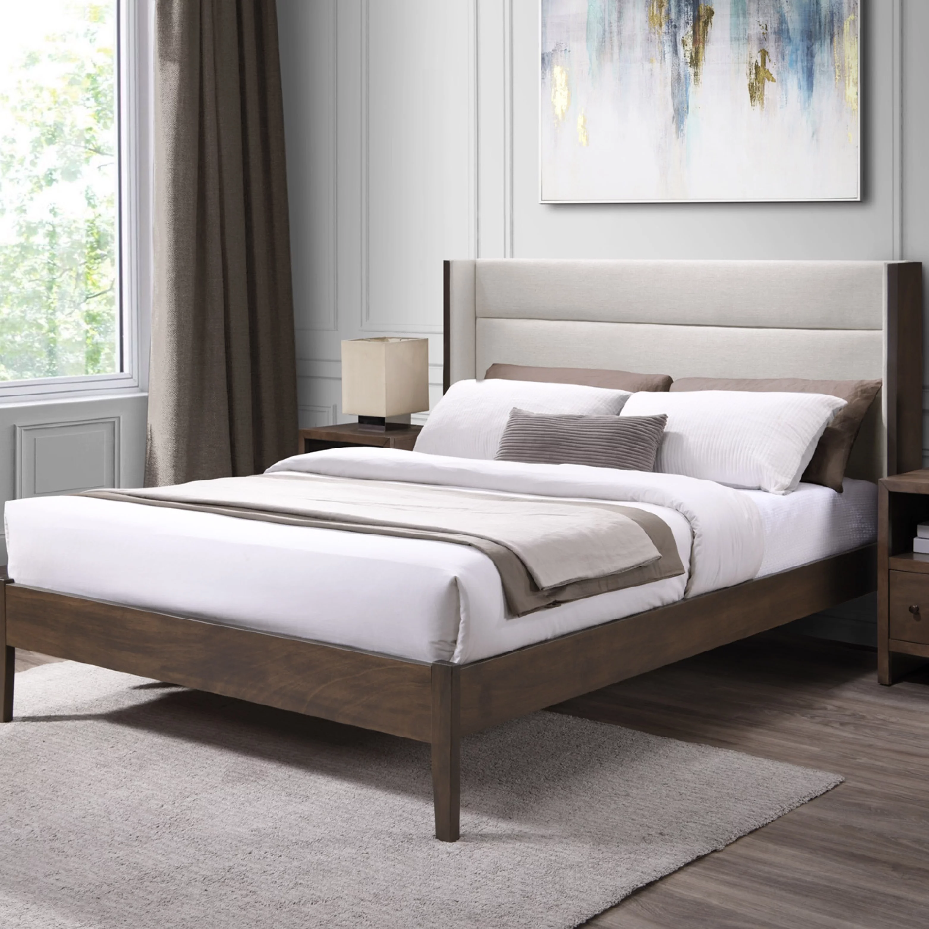 DG Casa Thomas Wingback Channel Queen Bed Frame - Stylish Upholstered Bed Frame Queen | Easy Install Queen Bed Frame with Headboard and Wooden Slat Support Included | No Box Spring Required
