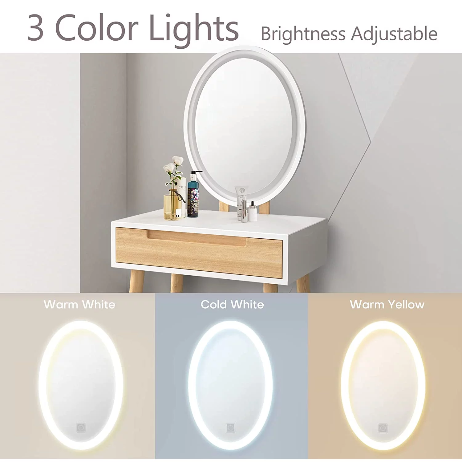 ELEWISH Makeup Vanity Table Set with 3 Modes Adjustable Lighted Mirror Cushioned Stool, Dressing Table for Small Space with Free Make-up Organizer (White+Wood)
