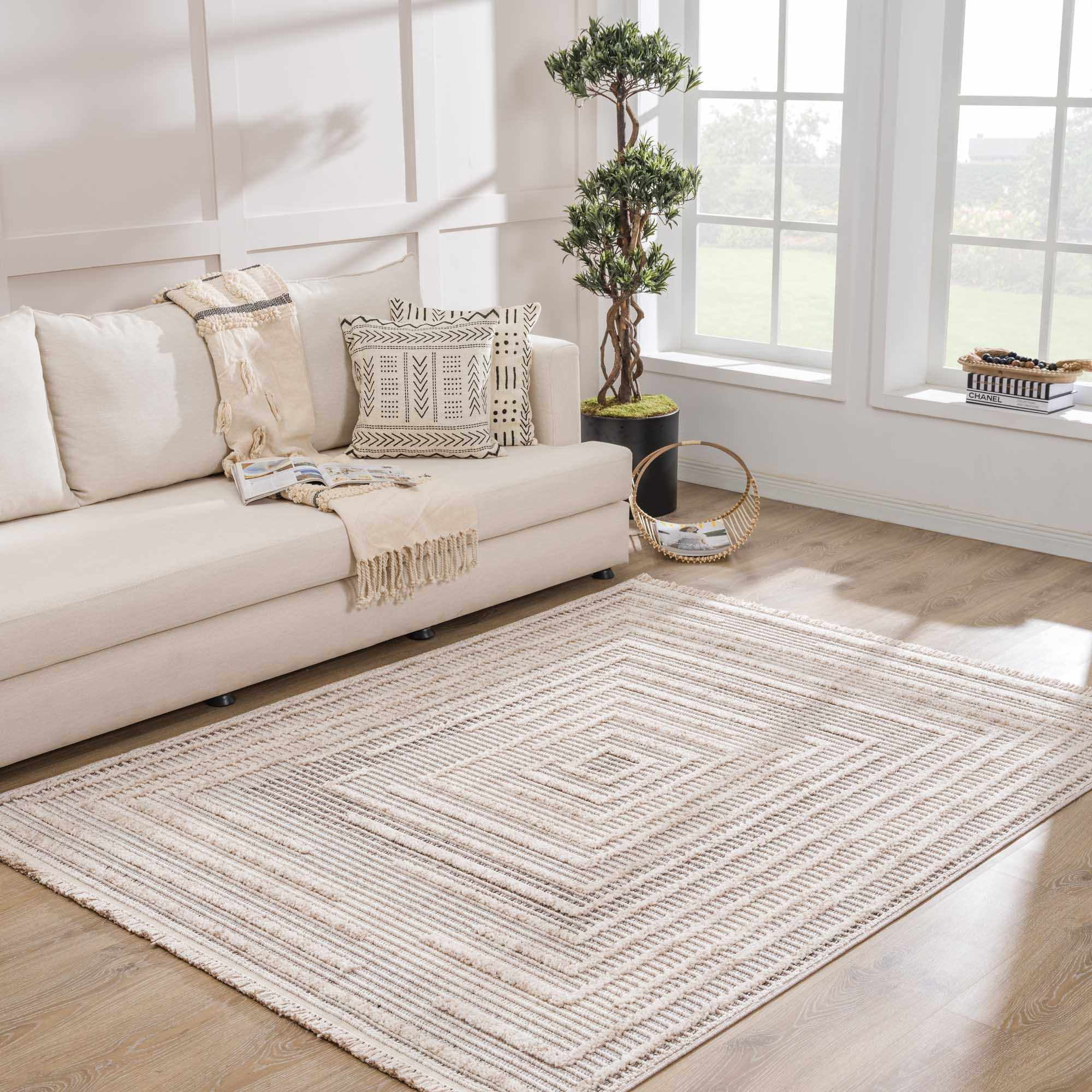 Hauteloom Lunao Farmhouse Living Room Bedroom Moroccan Square Pattern Abstract Area Rug - Soft Shaggy High Low Carpet - High Pile - Bohemian, Boho - Gray, Brown, Beige, Cream - 7'10