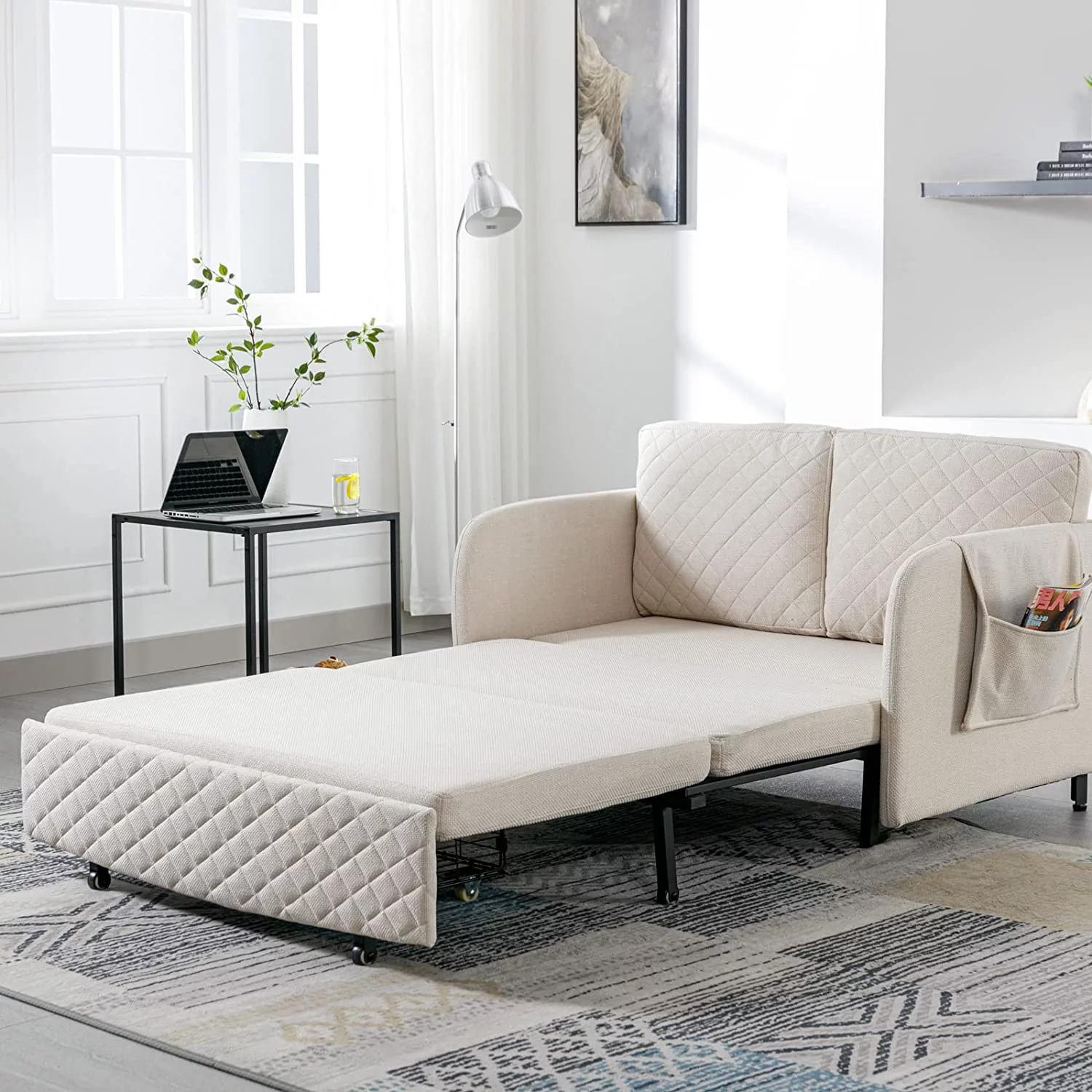 Tabaray Leather Loveseat Sleeper Sofa Bed,2 Seat Arm Chair with Side Pocket and Cushions,Mini Pull Out Couch for Bedroom,Office,Living Room,Small Space (Black Leather)