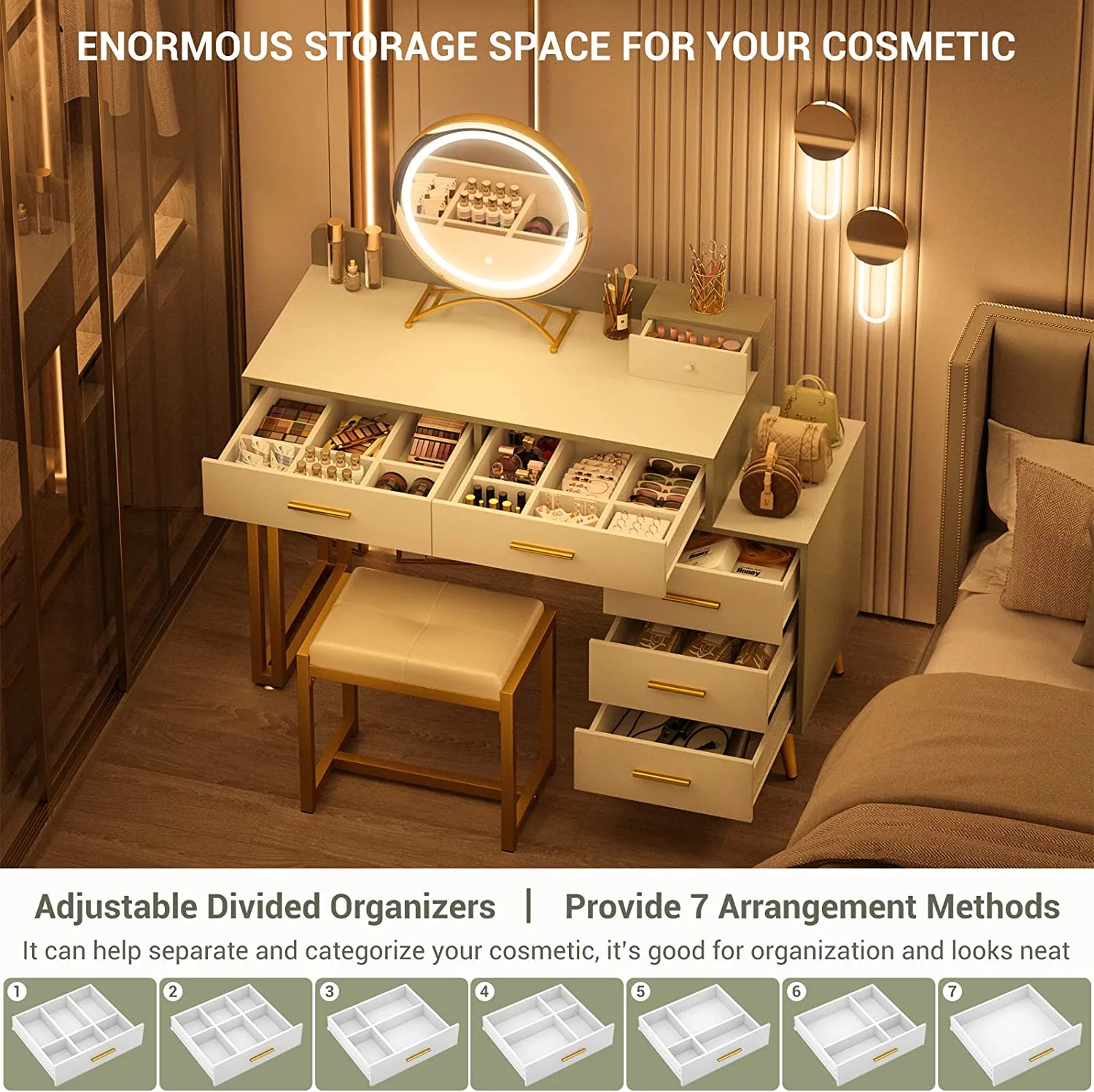 Homieasy Vanity Desk with LED Lighted Mirror, 44'' Reversible Makeup Desk with 6 Drawers, Vanity Table Set with Soft Stool, Dressing Table with 3 Color Lighting Options for Women, White and Cyan