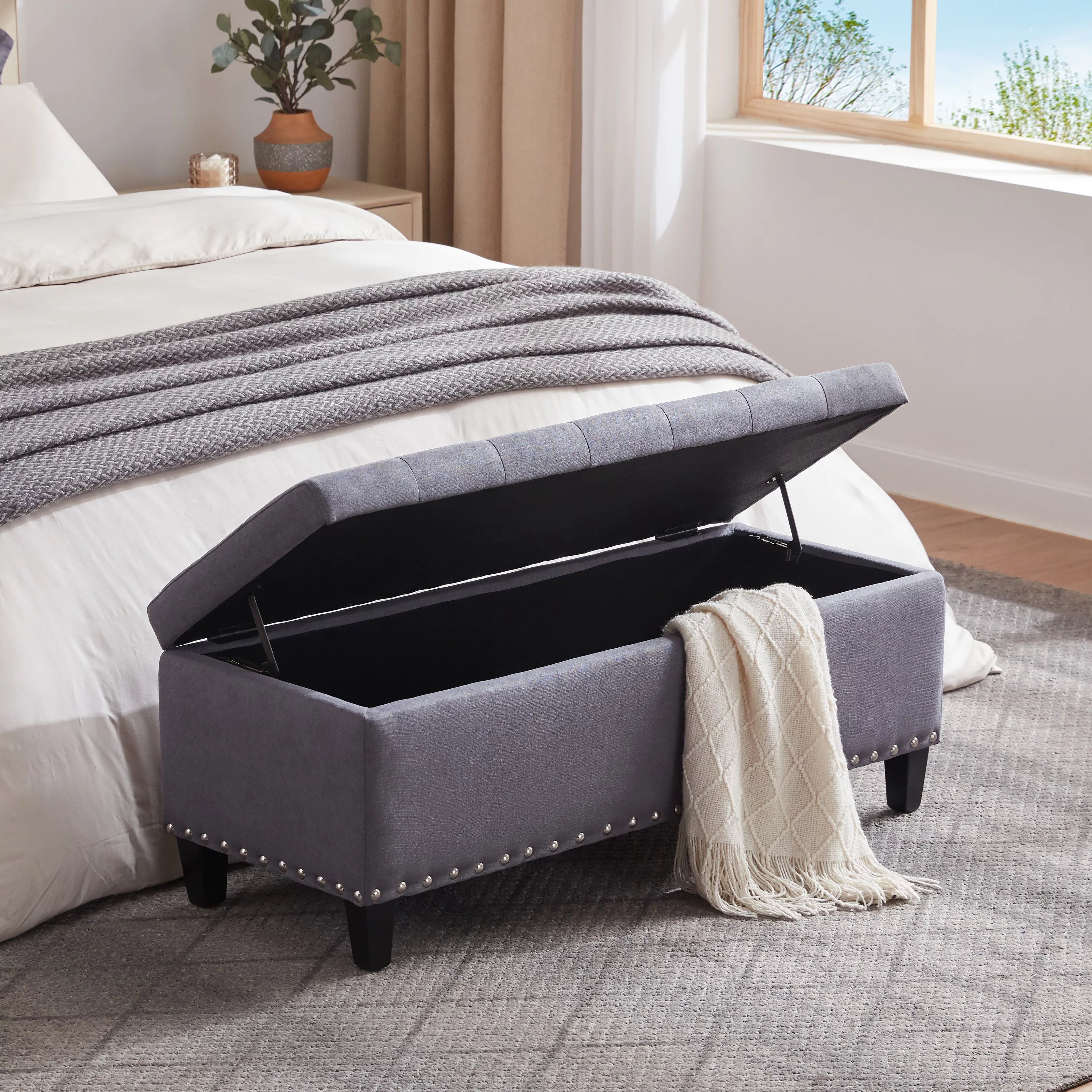 HUIMO Large Storage Ottoman, 41-inch Button-Tufted Upholstered Ottoman with Safety Hinge, End of Bed Storage Bench for Entryway, Living Room (Grey)