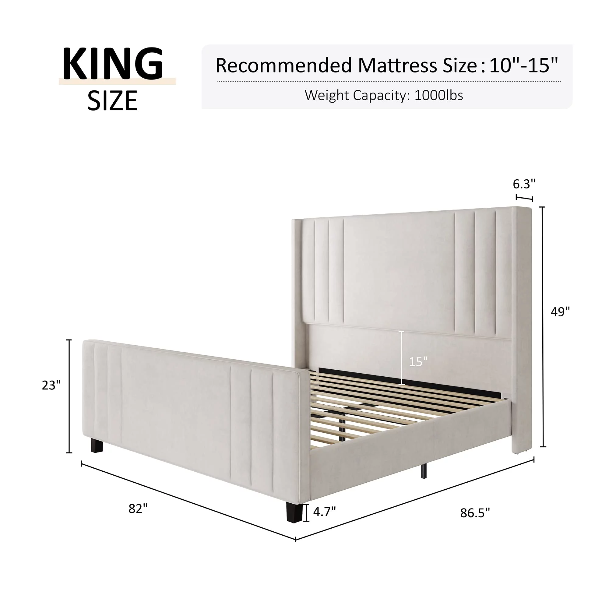 Amerlife King Size Bed Frame, Velvet Upholstered Platform Bed with Vertical Channel Tufted Headboard & Footboard/Wingback, Mattress Foundation with Wood Slats, No Box Spring Needed, Cream