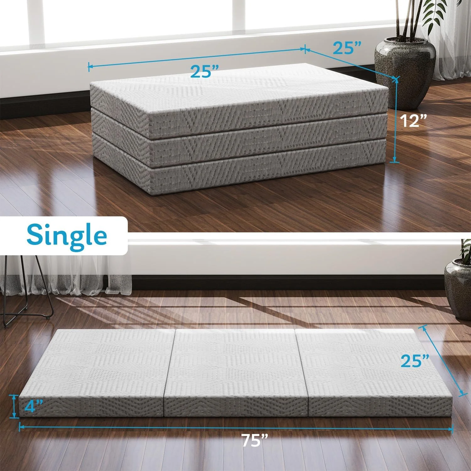 Folding Mattress Single Size With Storage Bag, 4 Inch Trifold Mattress With Breathable & Washable Cover Portable Foldable Mattress For Traveling, Camping, Guests, 75