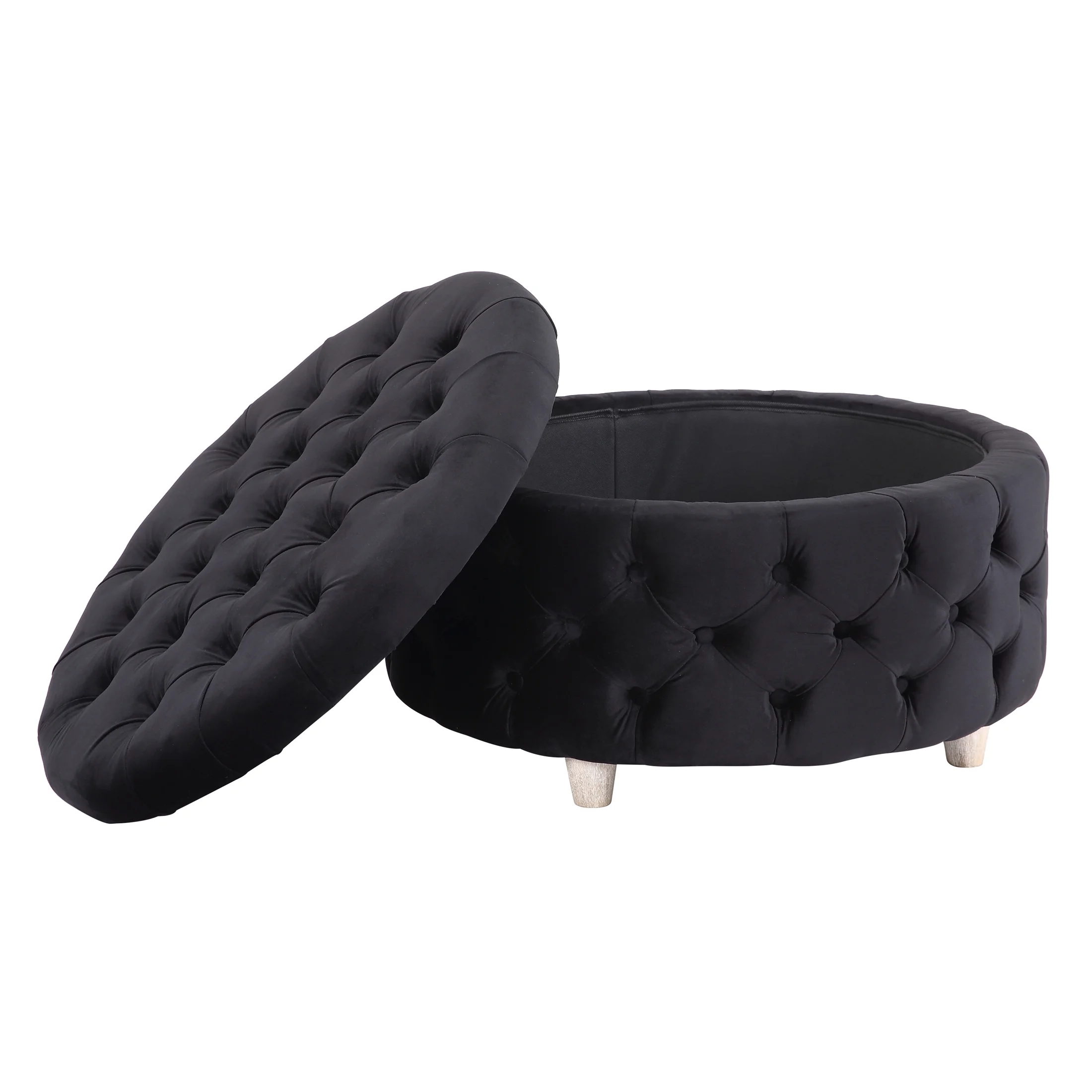 Wordford Round Velvet Tufted Storage Ottoman, Velvet Black