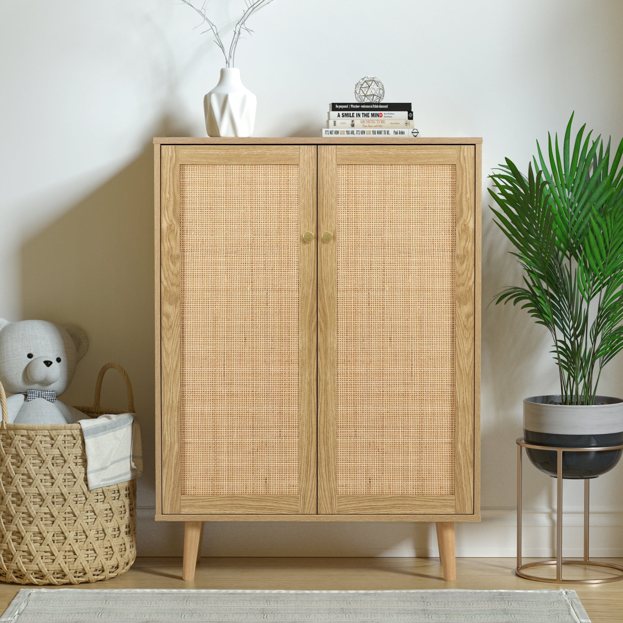 Eumyviv  Rattan Storage Cabinet with 2 Door, Farmhouse Sideboard Tall Storage Cabinet for Living Room Entryway, Oak H0030