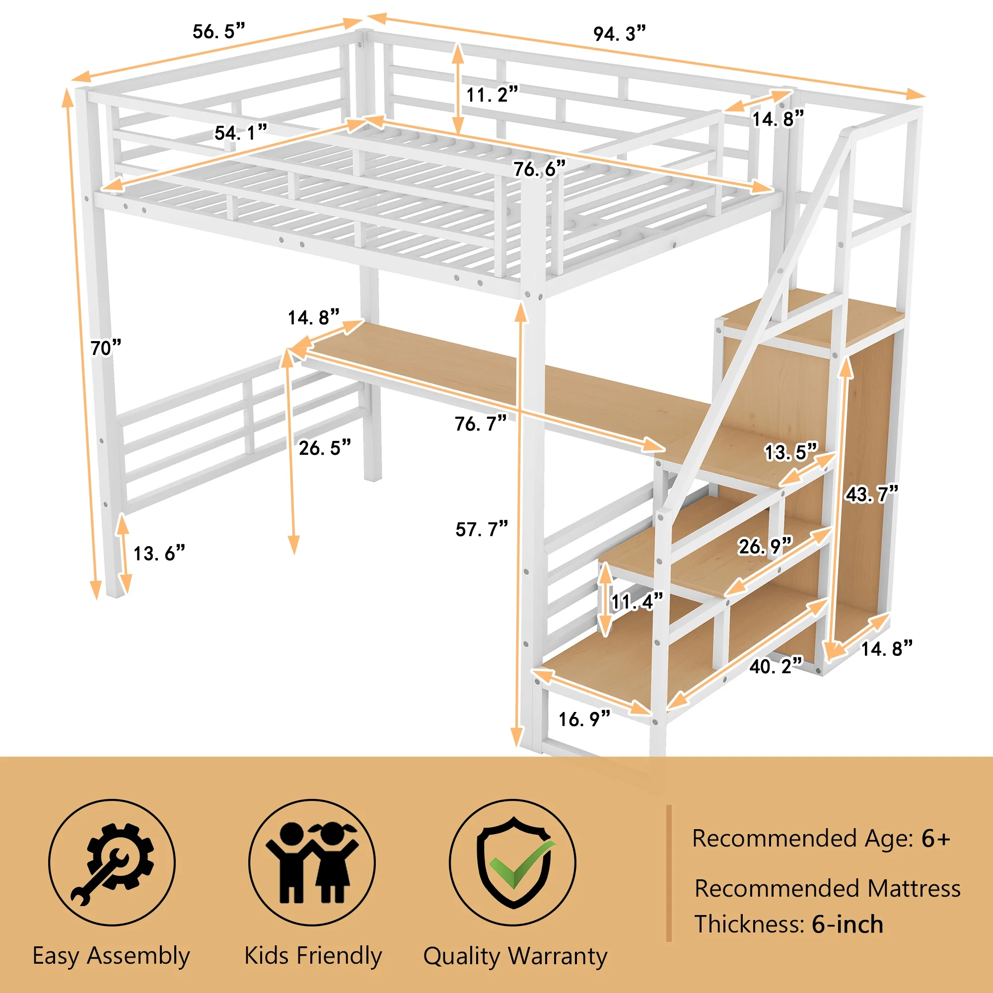 Bellemave Full Size Loft Bed with Desk, Metal Loft Beds with Stair and Built-in Wardrobe, Heavy-Duty High Loft Bed for Kids Teens Adults (White)