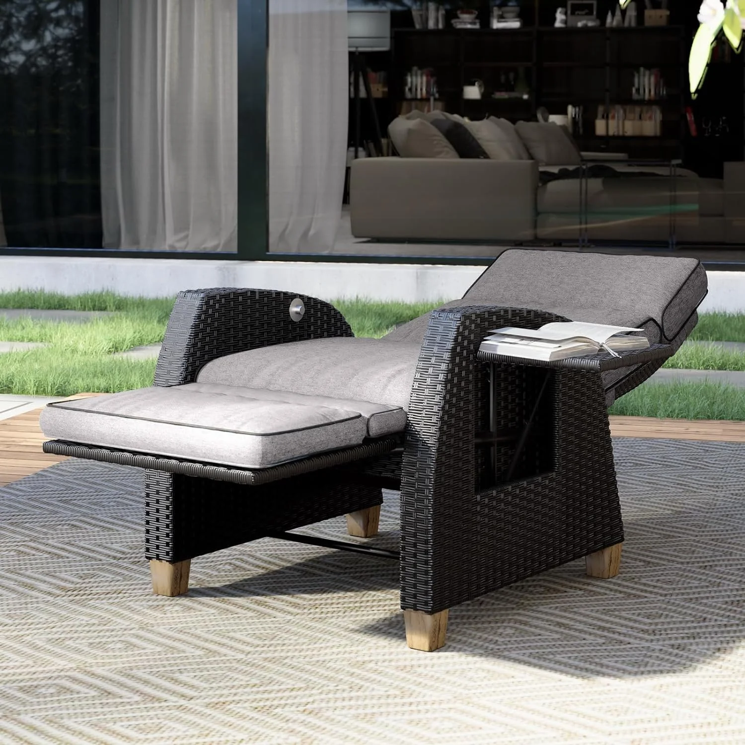 Grand Patio Indoor & Outdoor Recliner Chair PE Wicker Patio 150° Lay Flat Recliner, 2PCS, Gray