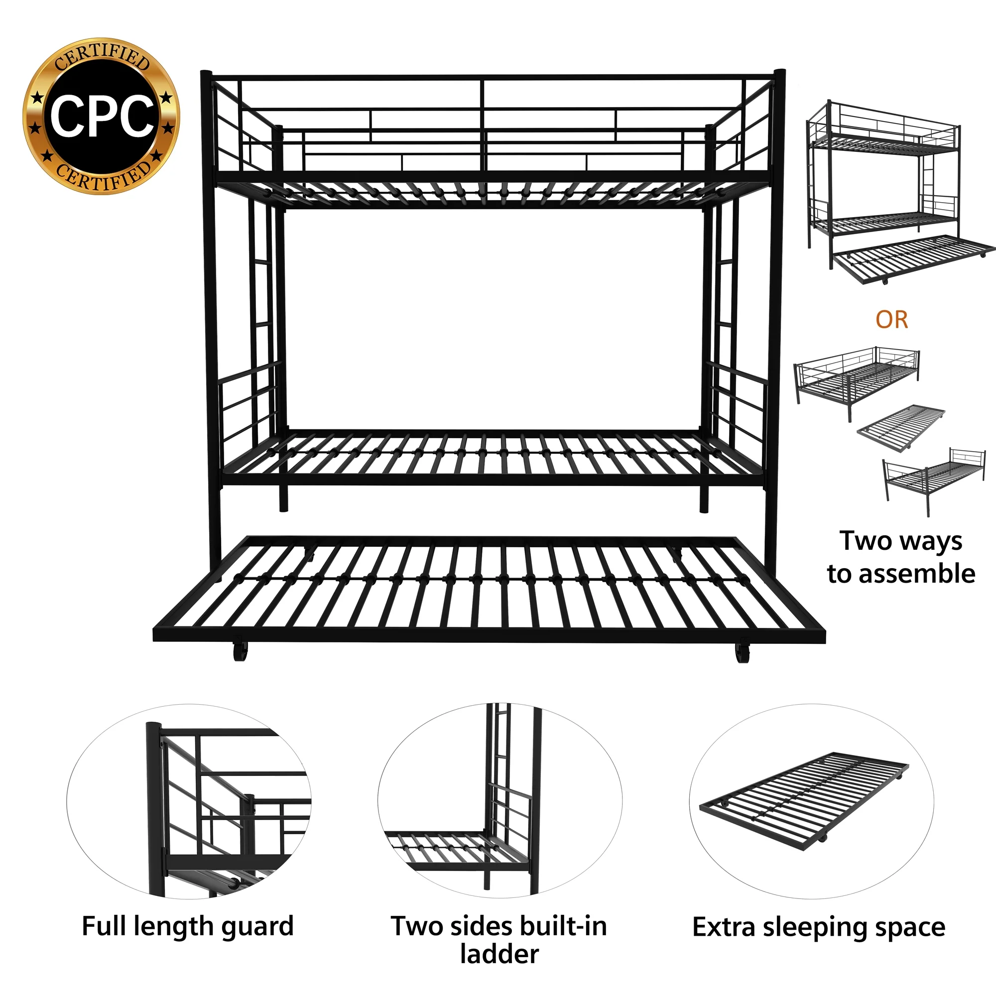 Heavy Duty Metal Bunk Bed Frame with Trundle - Twin Over Twin, Convertible - 3 beds