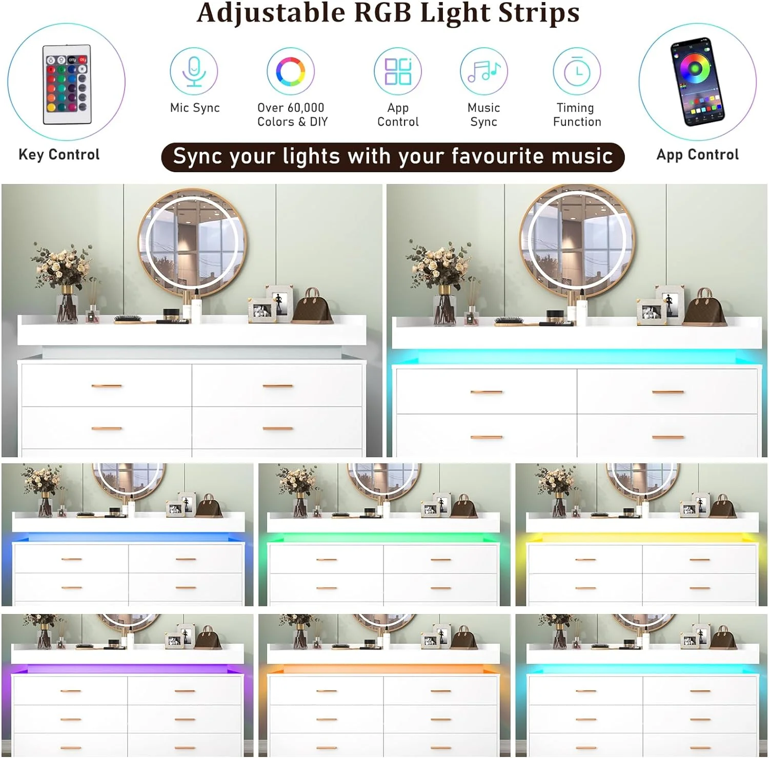 ChVans White Dresser with LED Light, Modern Wood Dresser with Wide Drawers and Metal Handles, 6 drawer dresser for Bedroom, Living Room, Entryway, Hallway(White)