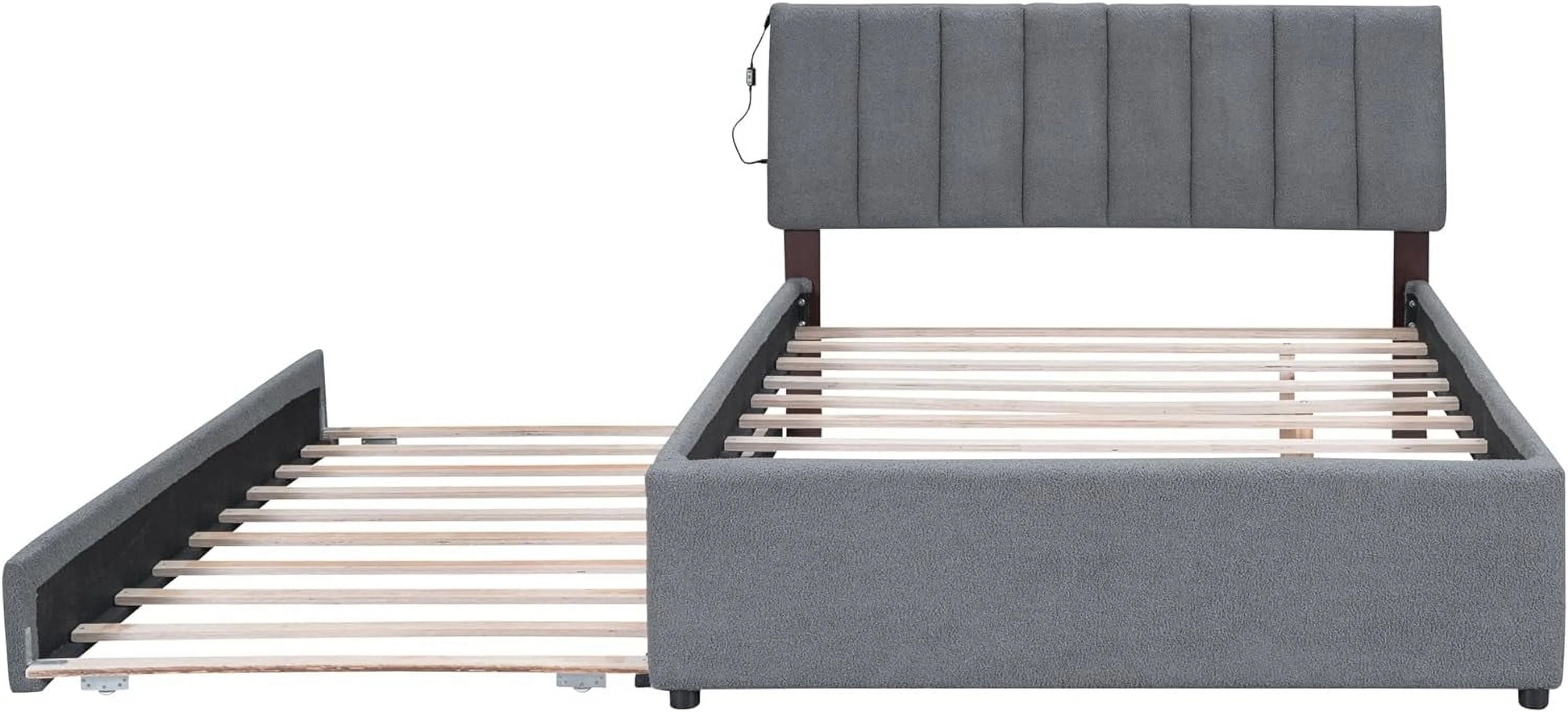 Teddy Fleece Full Size Upholstered Platform Bed with Trundle, Wood Bed Frame with Upholstered Headboard, LED Bed Frame for Bedroom, No Box Spring Needed, Easy Assembly