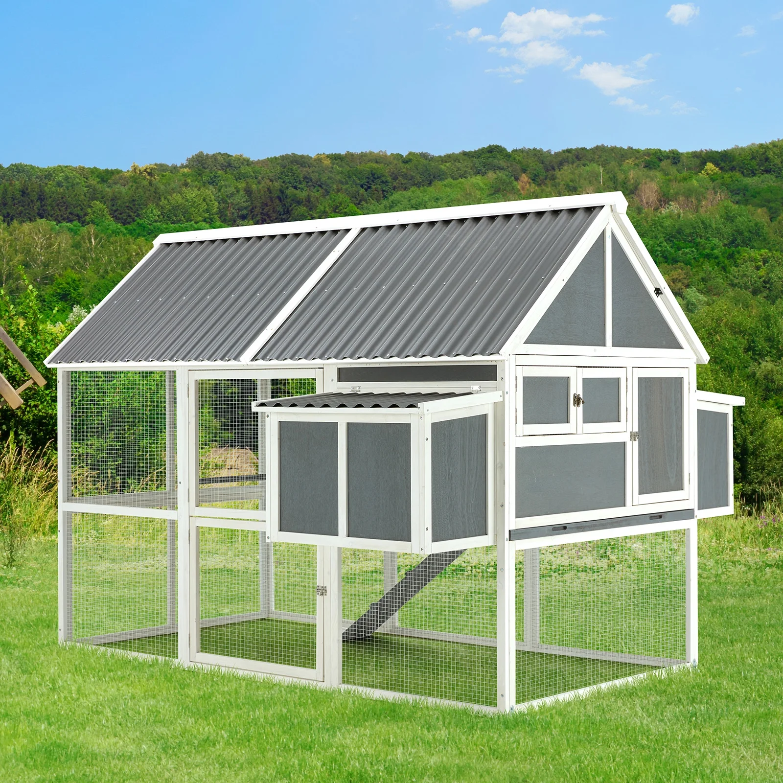 YODOLLA 84” Large Chicken Coop Outdoor Wooden Hen House Poultry Cage with 2 Nesting Boxes & Removable Tray,Gray