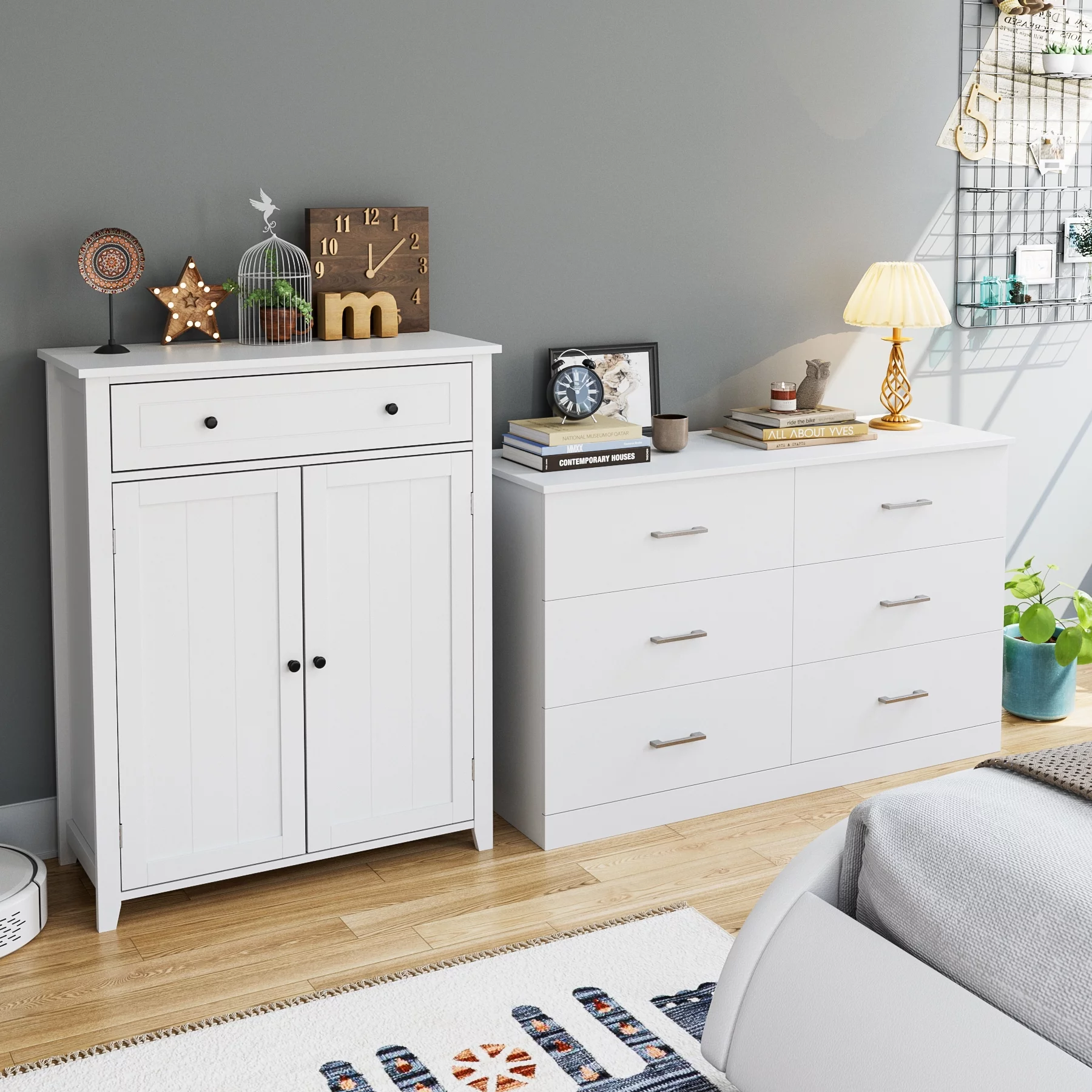 Homfa 6 Drawer White Double Dresser, Modern Wood Chest of Drawers with Metal Handles for Bedroom