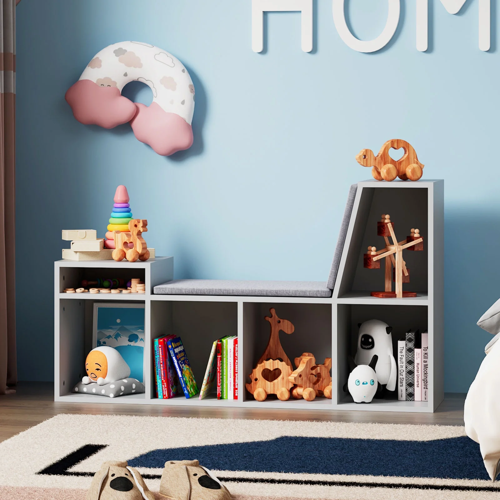 Grey Kids Bookshelf with Reading Nook,5-Cubby Nursery Bookcase with Seat Cushion Wooden Toy Storage Organizer Corner Bench for Playroom,Bedroom,Living Room