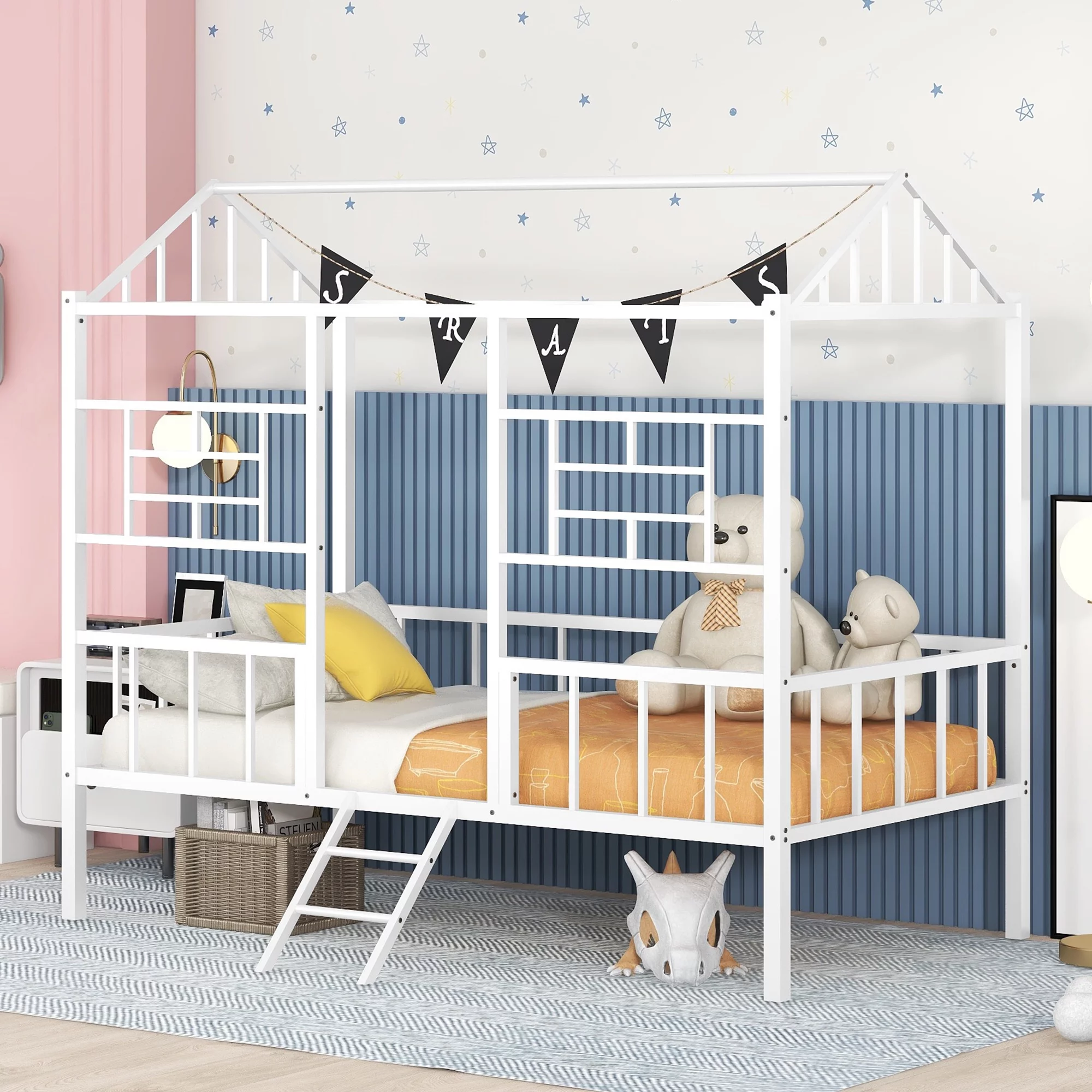 Bellemave Twin House Bed with Rails, Metal Cabin Bed Frame with Ladder, Playhouse Bed for Toddler Kids Boys Girl Teens (Twin Size, White)