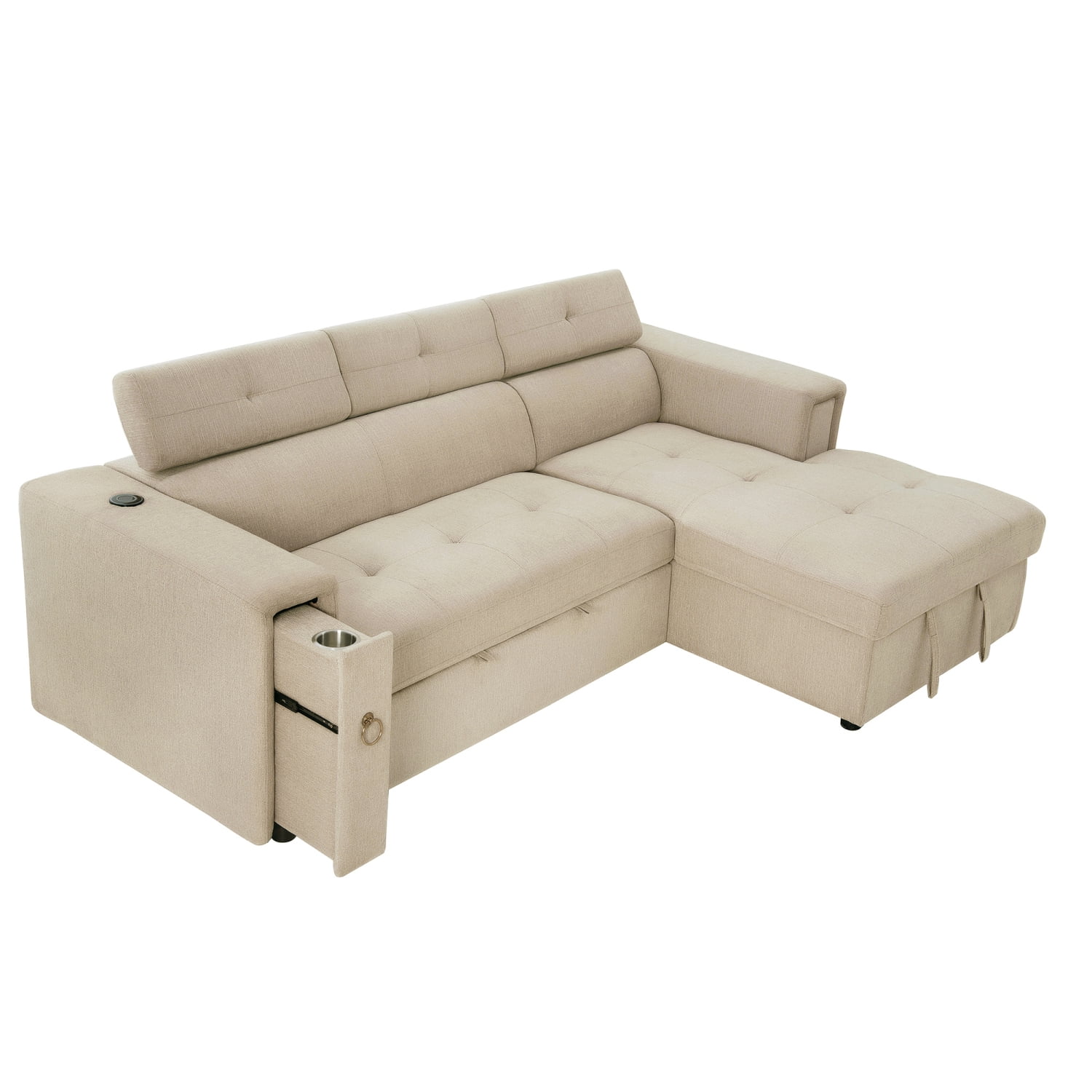 Churanty Pull Out Couch Bed with Storage and Cup Holder Sectional Sleeper Sofa with Wireless Charging L Shaped Couch with Adjustable Headrest Convertible Sofa Bed for Living Room,Beige