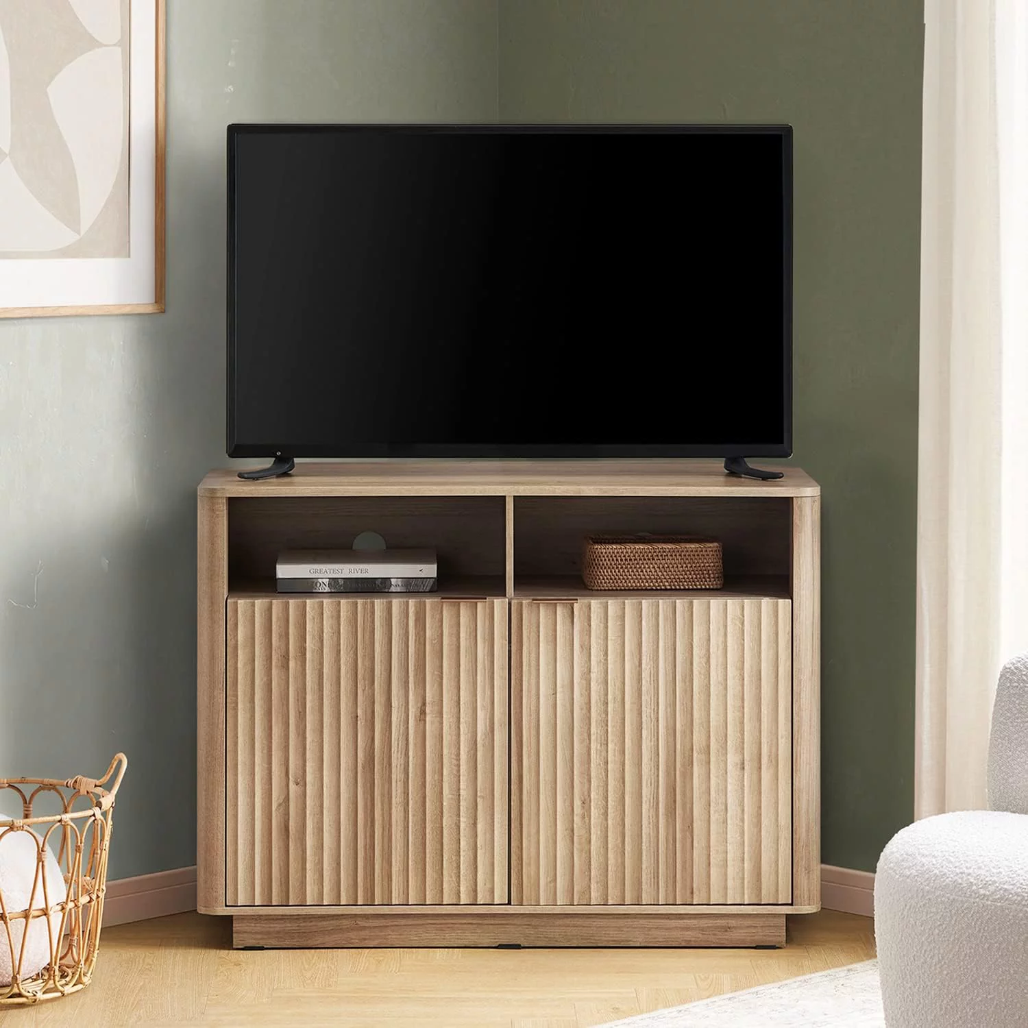 Mopio Brooklyn Mid-Century Modern Storage Cabinet, Corner TV Stand for TVs up to 50