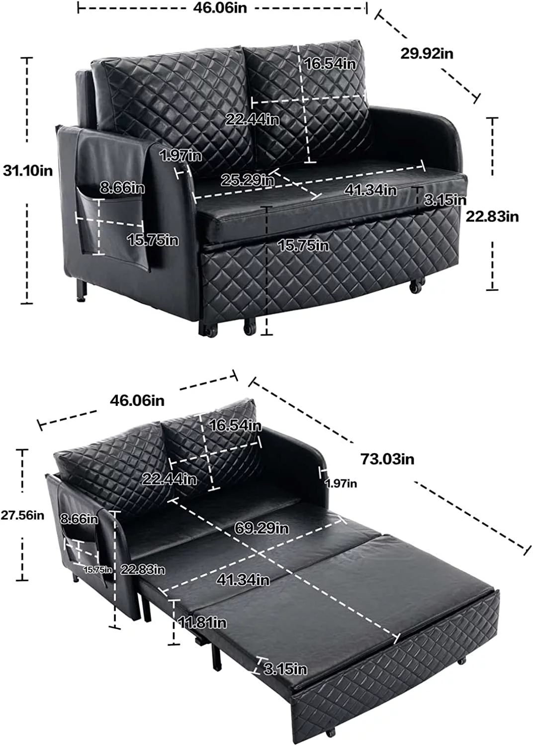 Tabaray Leather Loveseat Sleeper Sofa Bed,2 Seat Arm Chair with Side Pocket and Cushions,Mini Pull Out Couch for Bedroom,Office,Living Room,Small Space (Black Leather)