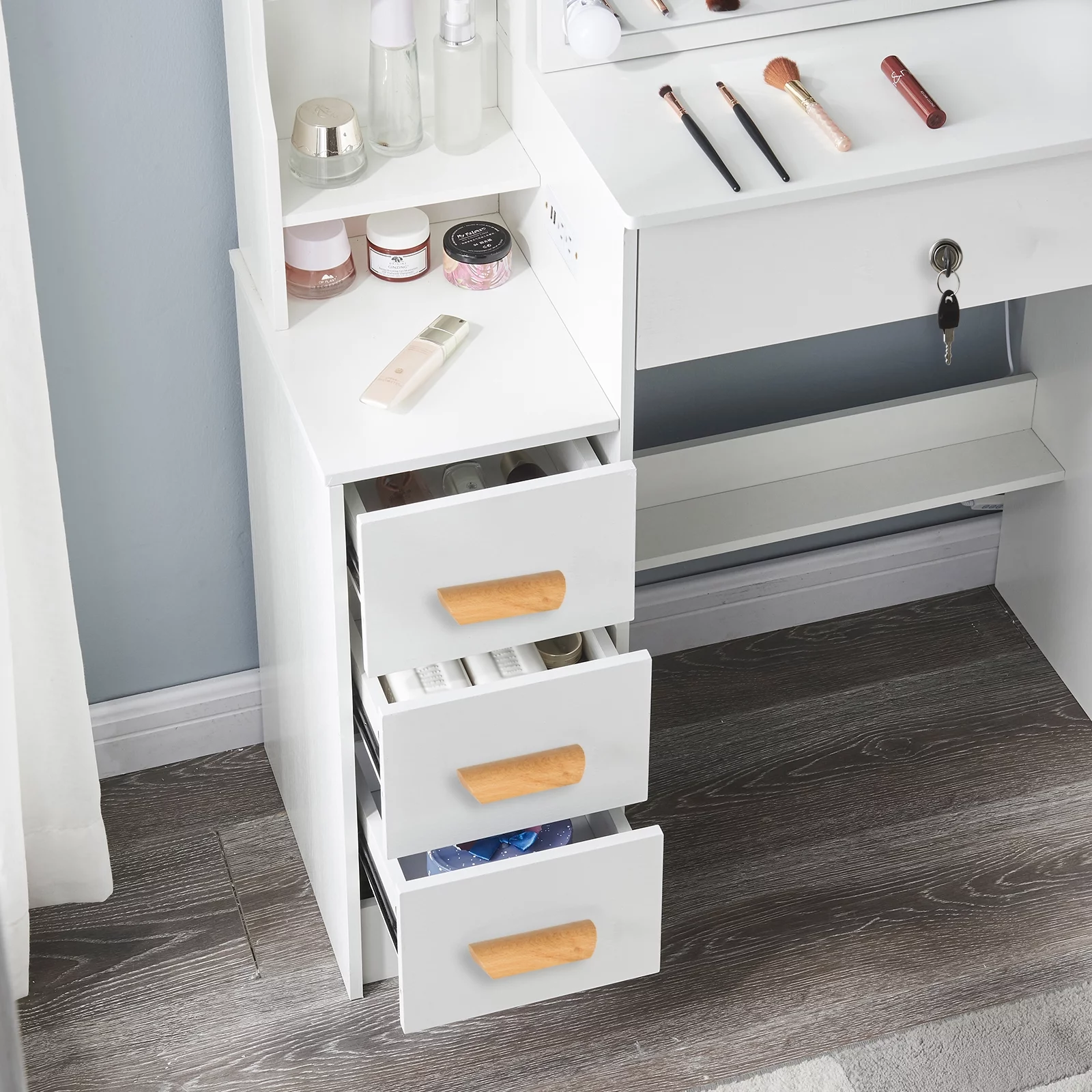 Yamissi Vanity Desk with Lighted Mirror, Makeup Dressing Table with Shelves & Drawers, Vanity Set with Mirror for Bedroom, White