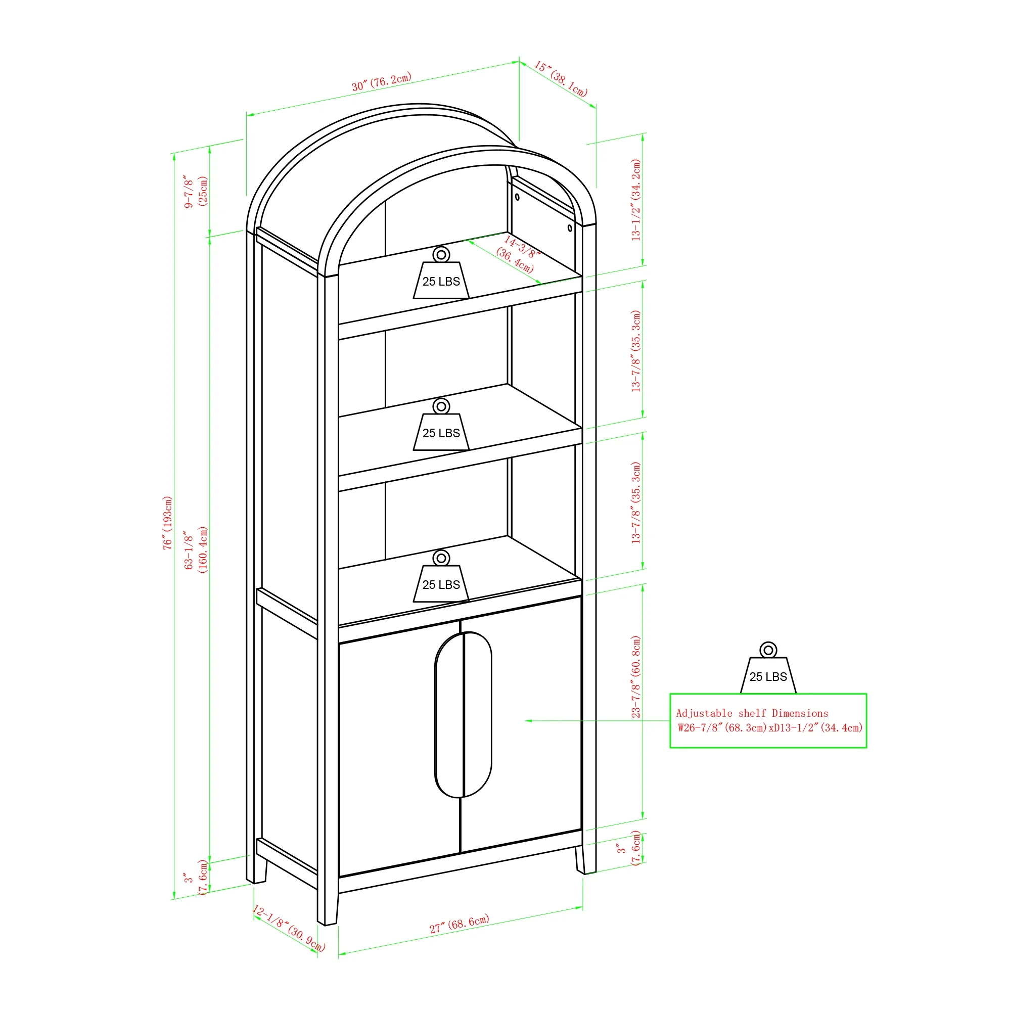 Walker Edison Modern 3 Shelf Open Arched Bookcase Cabinet, Black